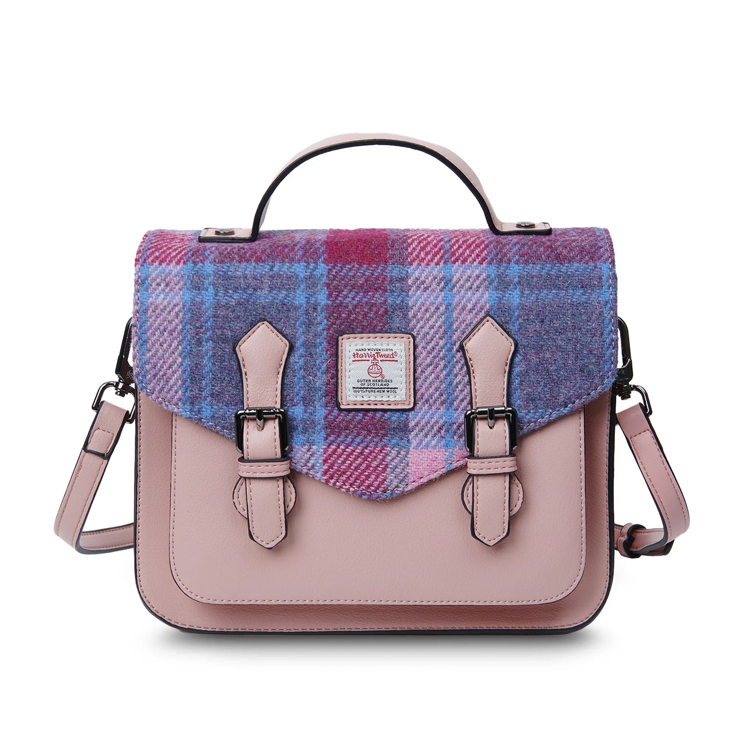 Islander Medium Calton Satchel with Harris Tweed - Pink and Blue Tartan