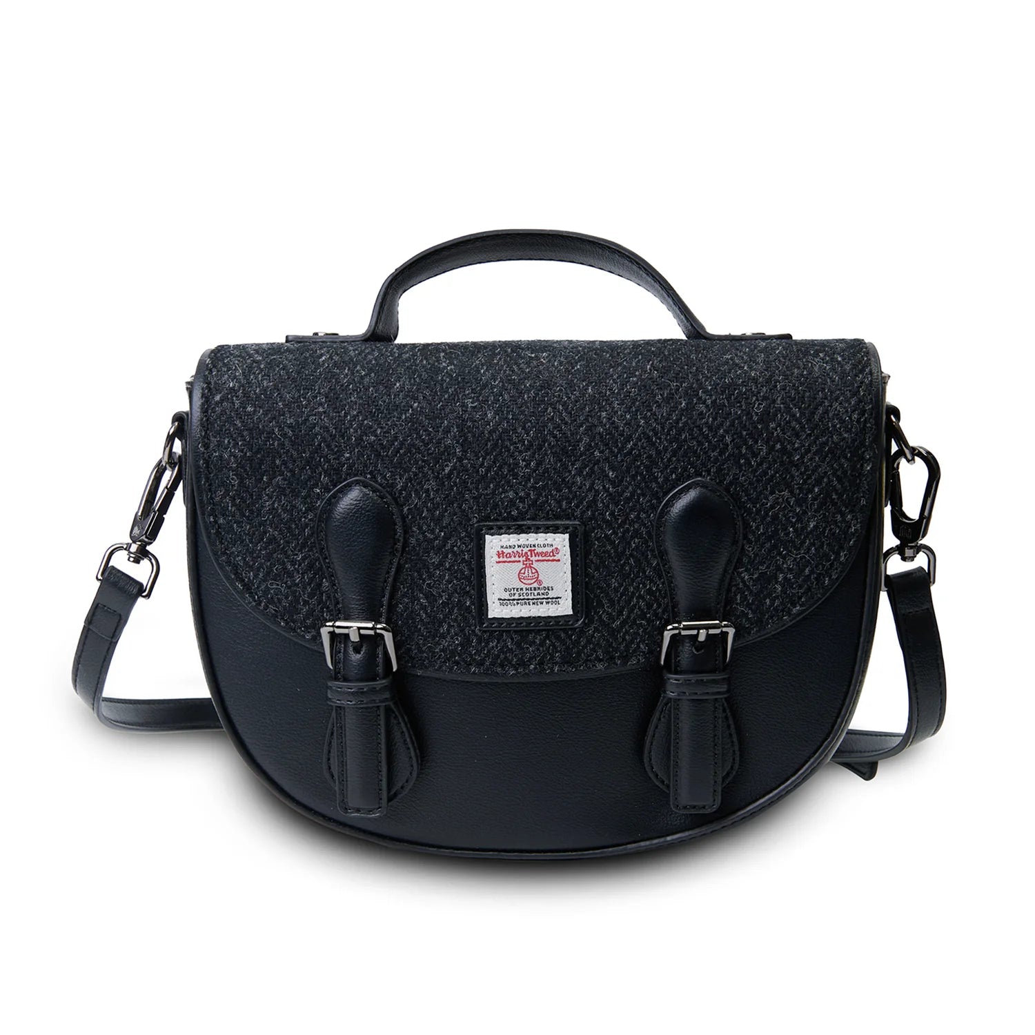 Islander Medium Cobble Satchel with Harris Tweed - Black Herringbone