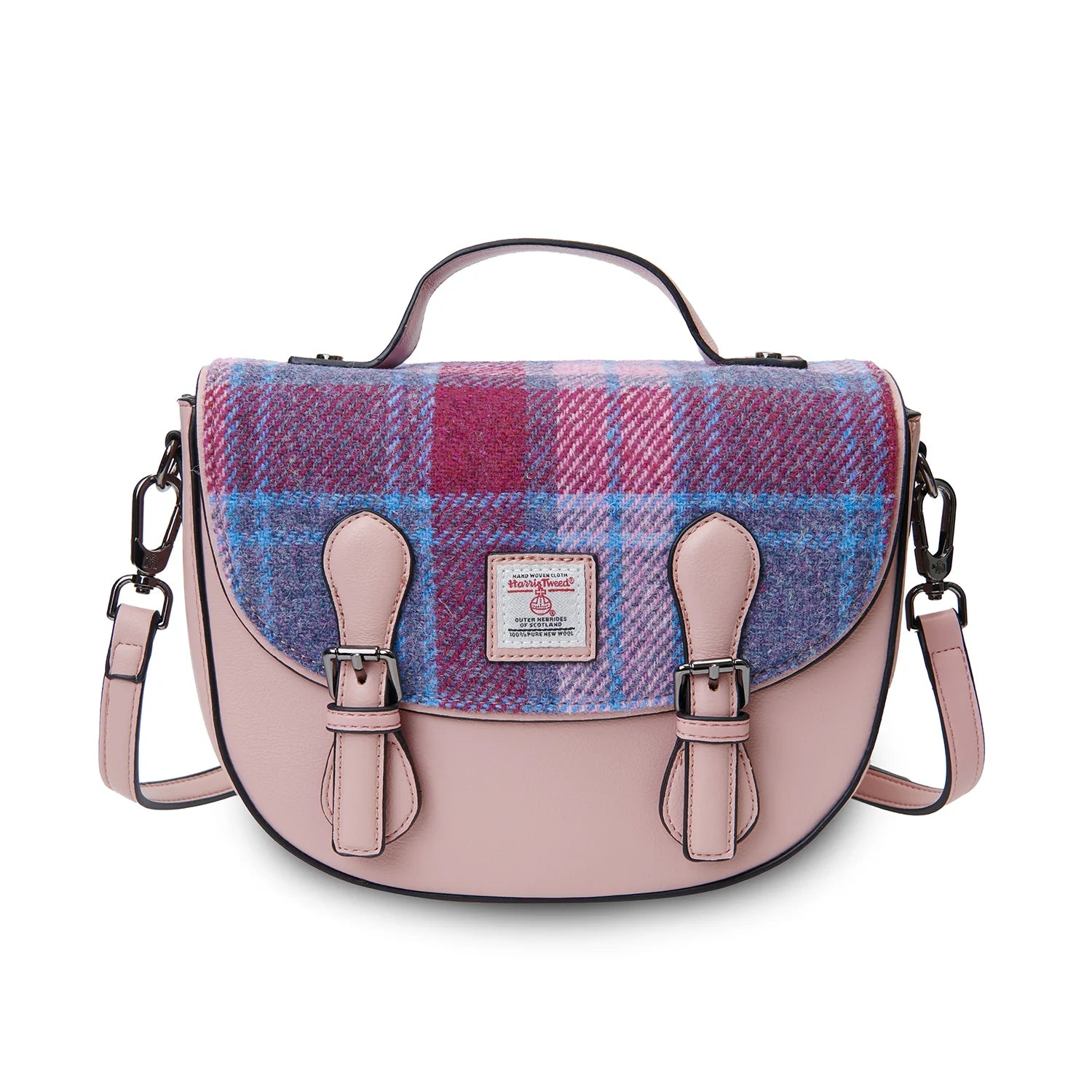 Islander Medium Cobble Satchel with Harris Tweed - Pink and Blue Tartan