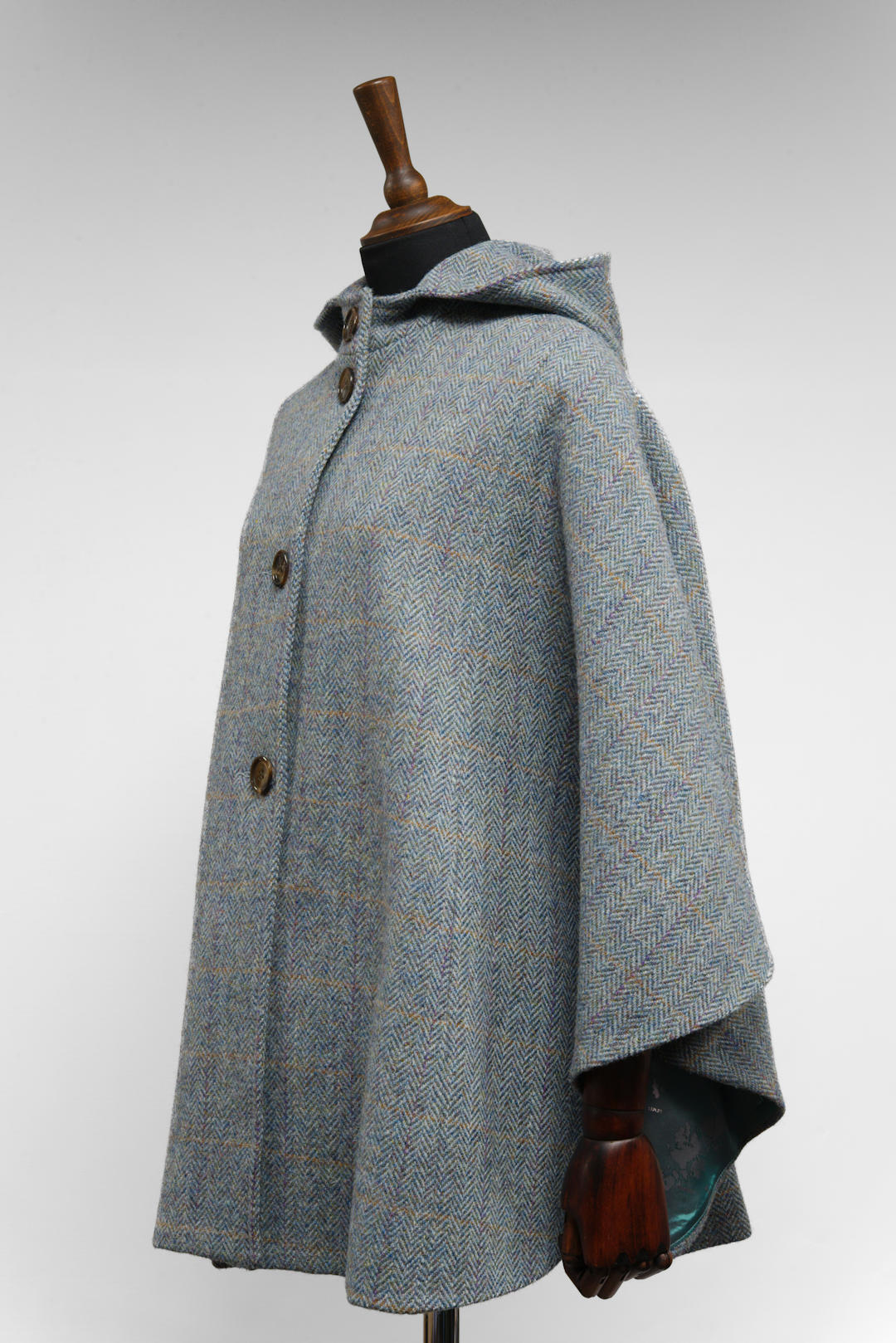 Harris Tweed Ladies Hooded Poncho Cape Duck Blue & Grey Opal Overcheck - One Size
