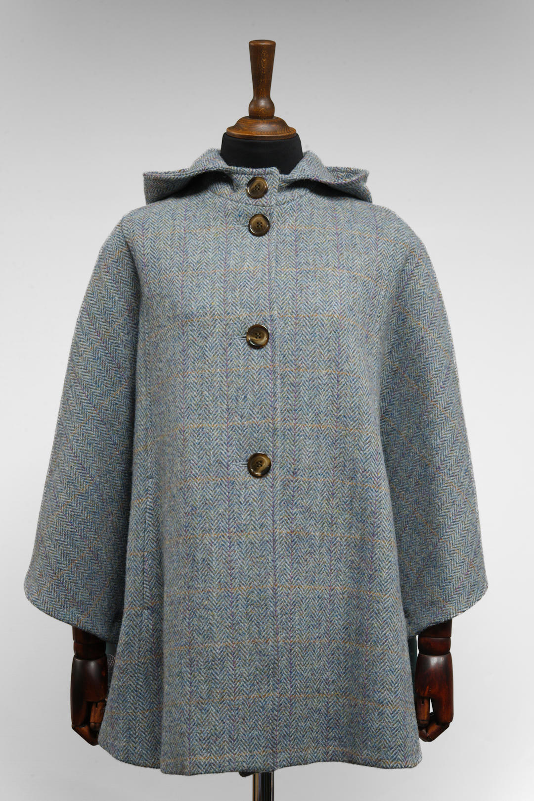 Harris Tweed Ladies Hooded Poncho Cape Duck Blue & Grey Opal Overcheck - One Size