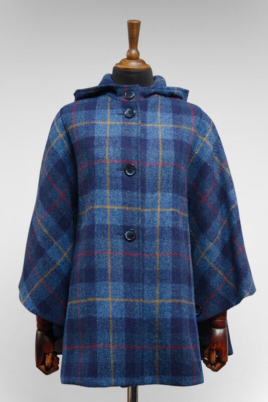 Harris Tweed Ladies Hooded Poncho Cape Navy Blue Tartan - One Size