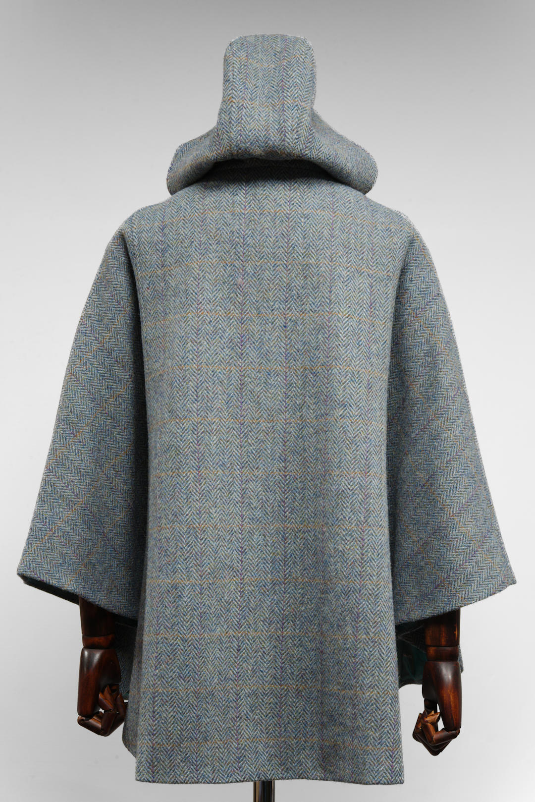 Harris Tweed Ladies Hooded Poncho Cape Duck Blue & Grey Opal Overcheck - One Size