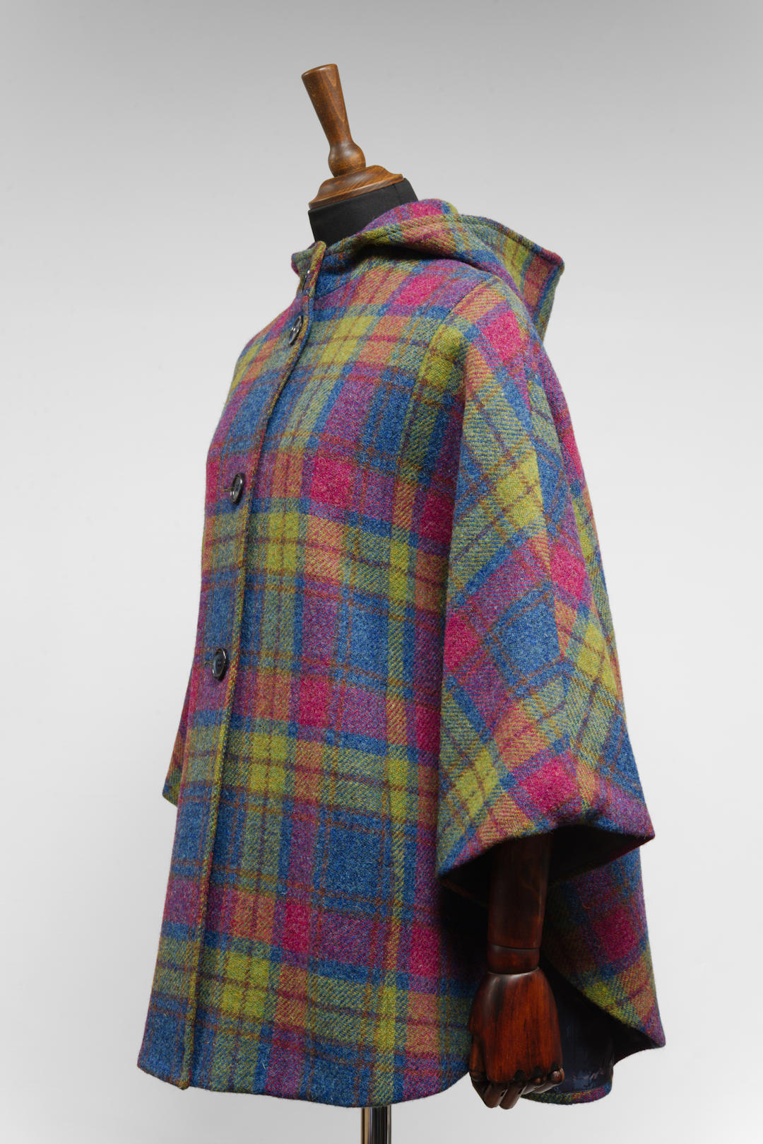 Harris Tweed Ladies Hooded Poncho Cape Lime Blue Raspberry Check - One Size
