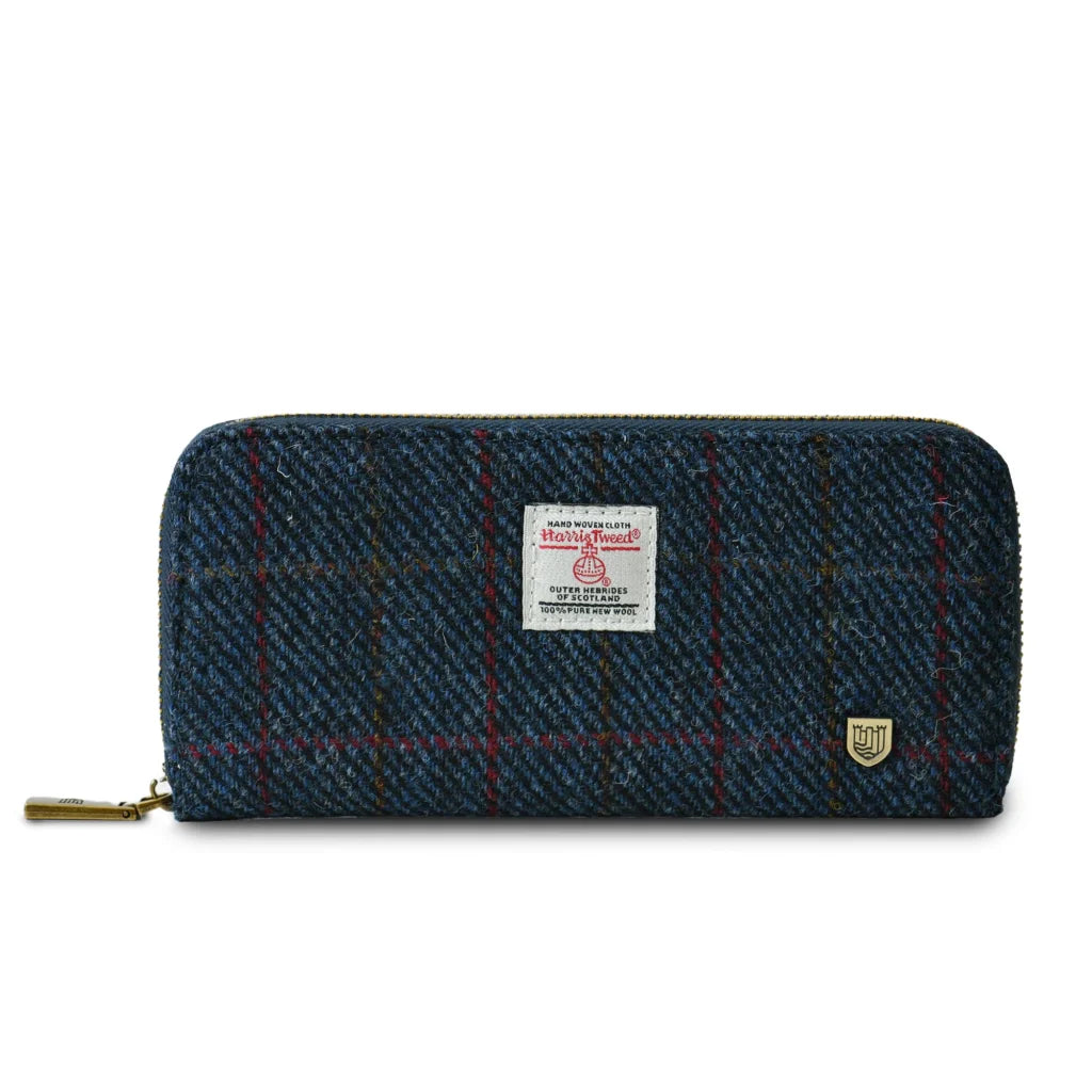 Islander Long Zip Purse with Harris Tweed - Navy Over Check