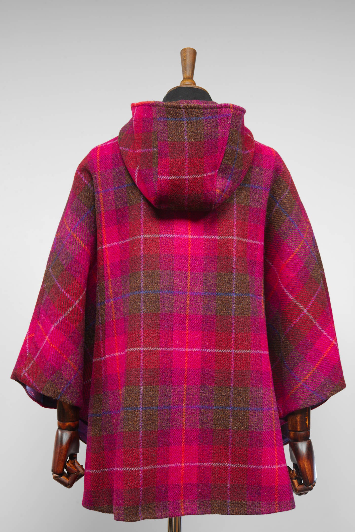 Harris Tweed Ladies Hooded Poncho Cape Cerise Brown, Purple & Burgundy Check