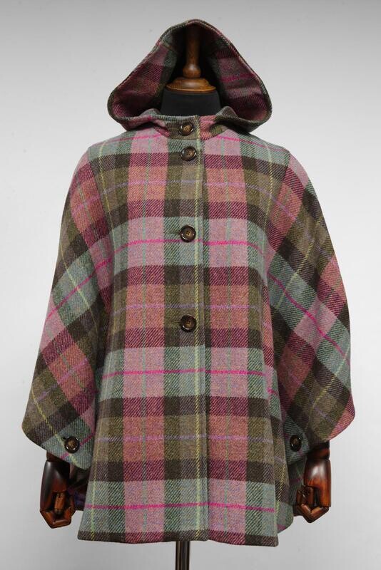 Harris Tweed Ladies Hooded Poncho Cape Pink, Purple & Green Tartan