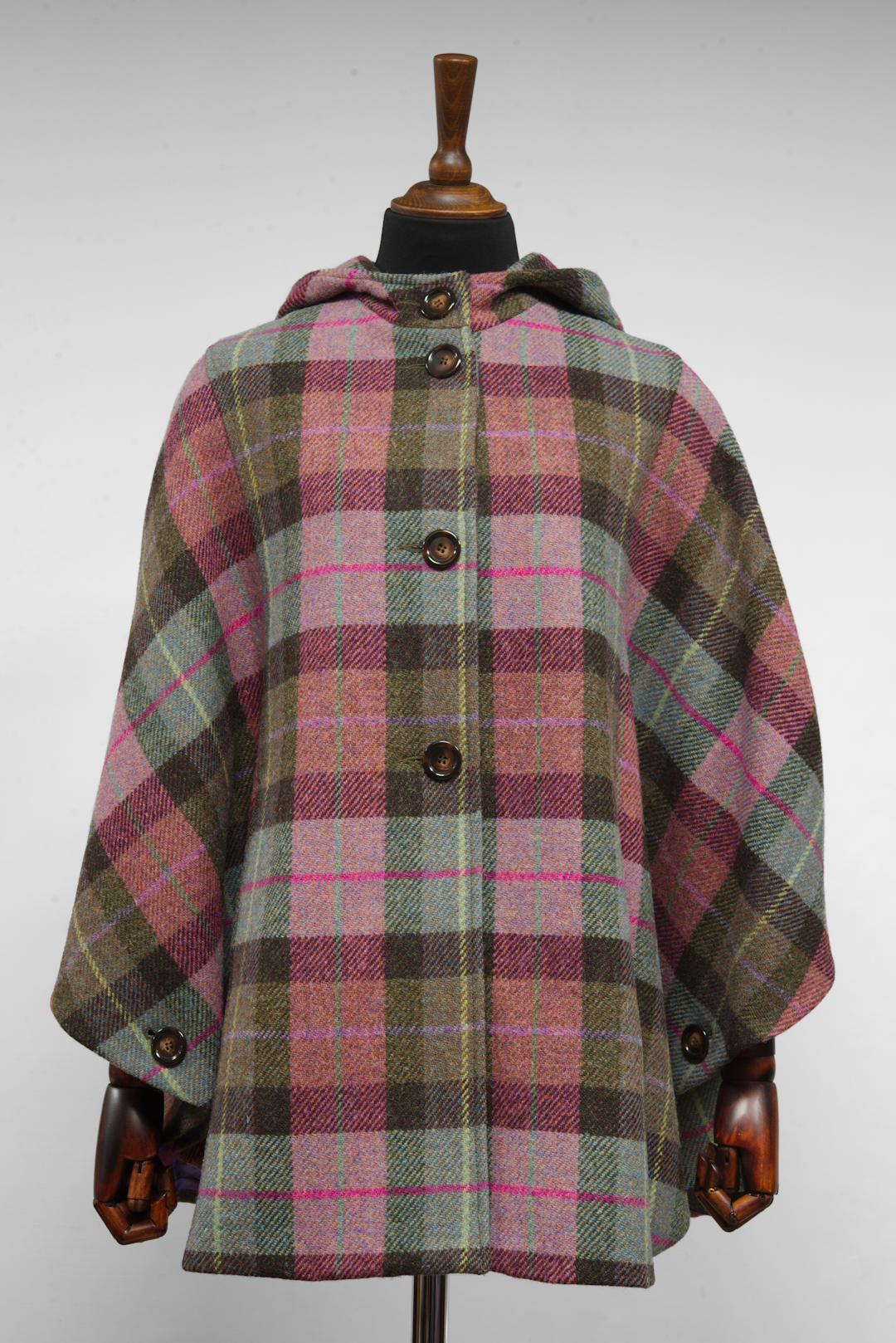 Harris Tweed Ladies Hooded Poncho Cape Pink, Purple & Green Tartan