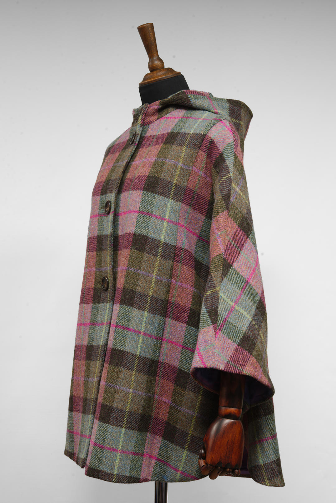 Harris Tweed Ladies Hooded Poncho Cape Pink, Purple & Green Tartan