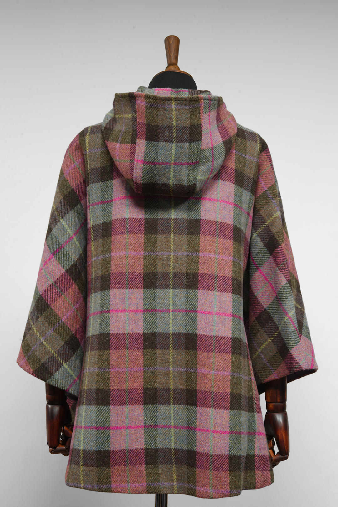 Harris Tweed Ladies Hooded Poncho Cape Pink, Purple & Green Tartan