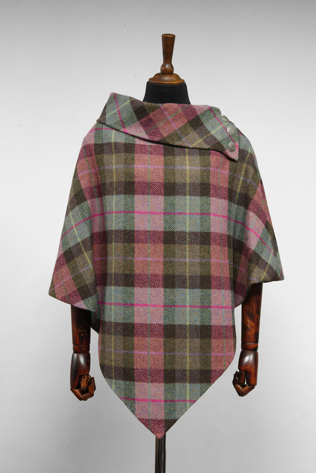 Harris Tweed Ladies Celtic Poncho Cape Pink, Purple & Green Tartan