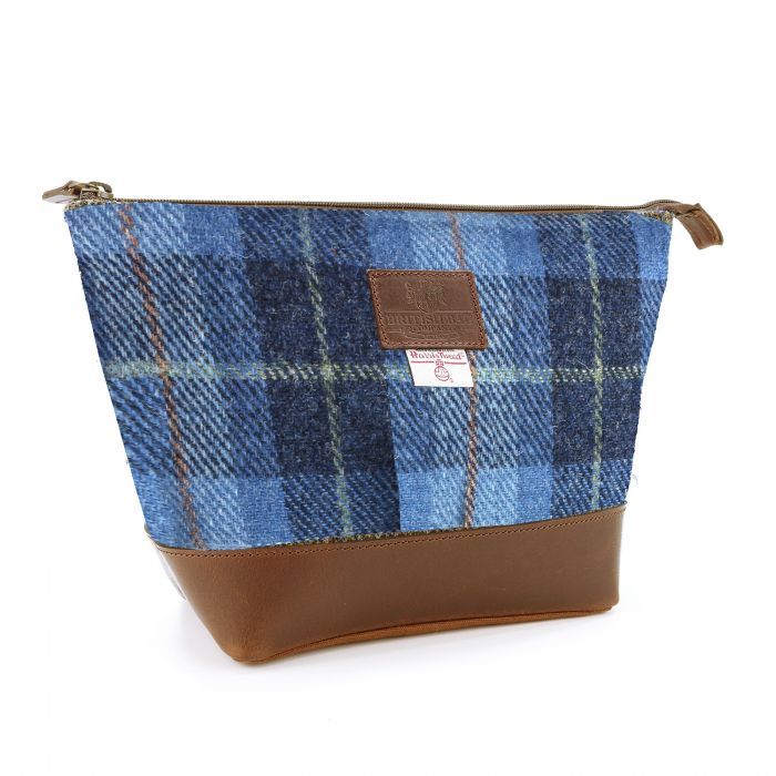 The Castle Bay Brown Leather Washbag With Harris Tweed