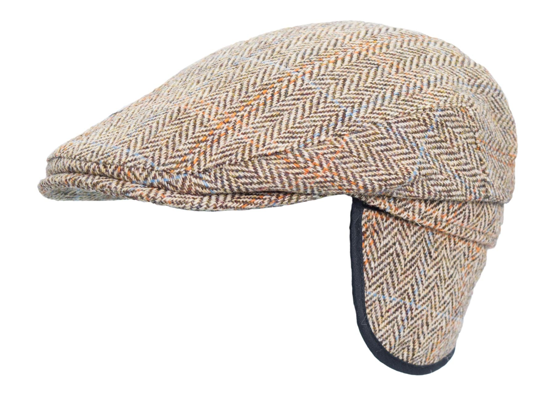 Harris Tweed Trapper Flat Cap With Ear Flaps - White Sand