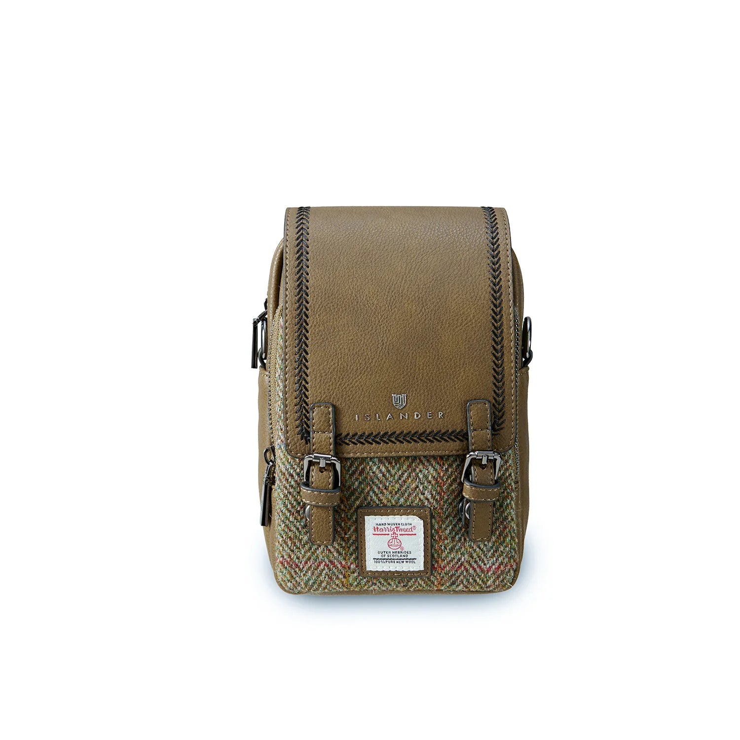 Islander Baby Jura Crossbody Bag with Harris Tweed (Chestnut Herringbone/Green PU)