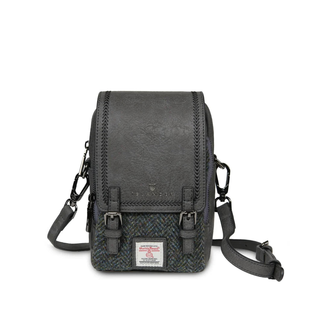 Islander Baby Jura Crossbody Bag with Harris Tweed - Black and Grey Herringbone