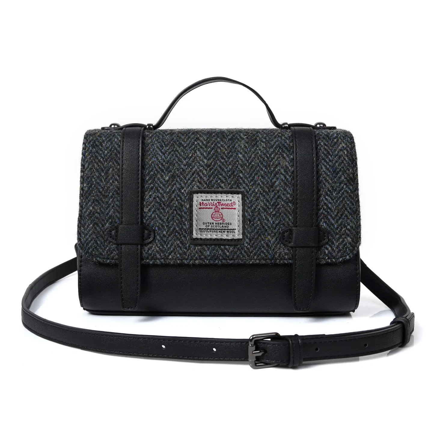 Islander Orkney Satchel with Harris Tweed - Black and Grey Herringbone