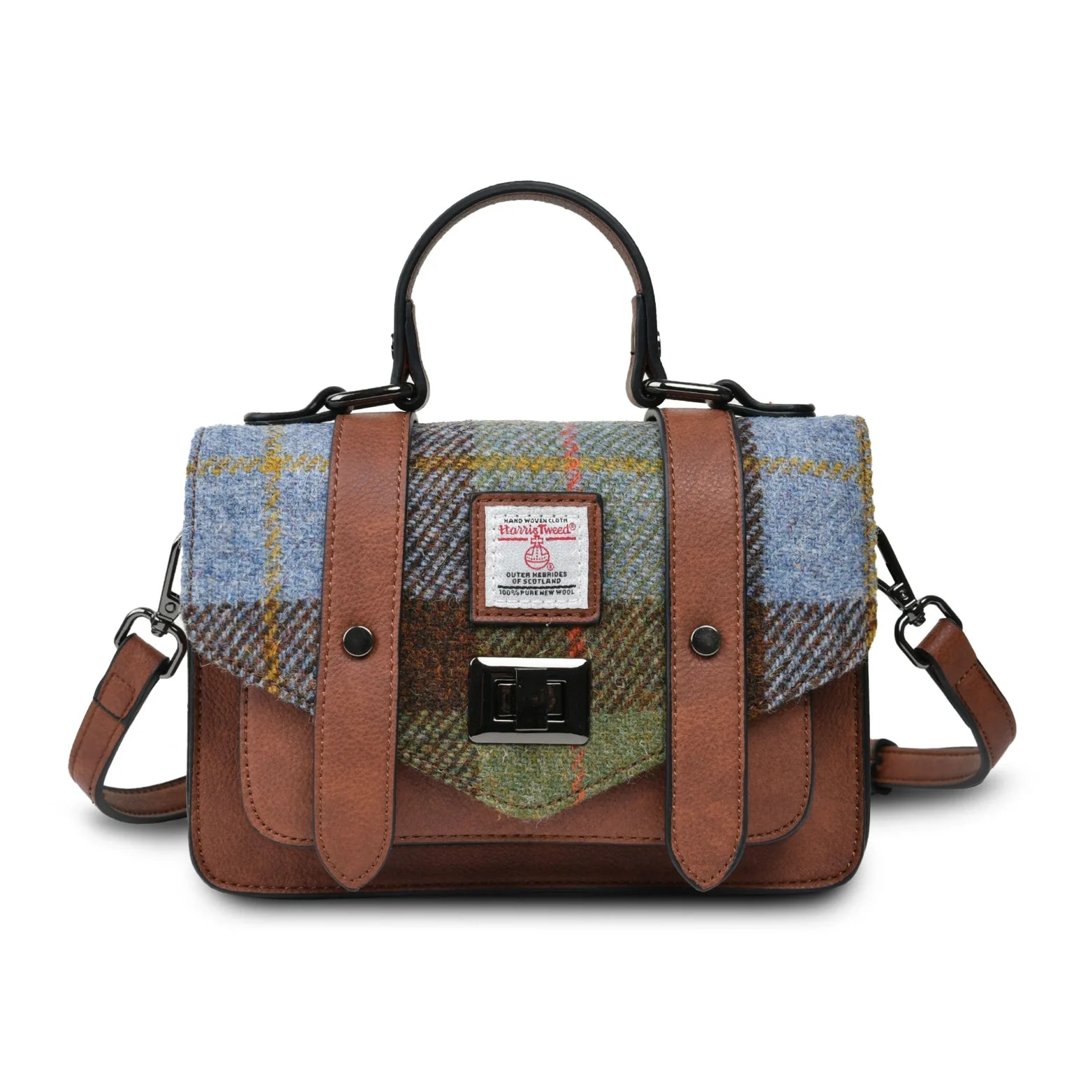Islander Large Satchel with Harris Tweed - Chestnut-Blue Tartan