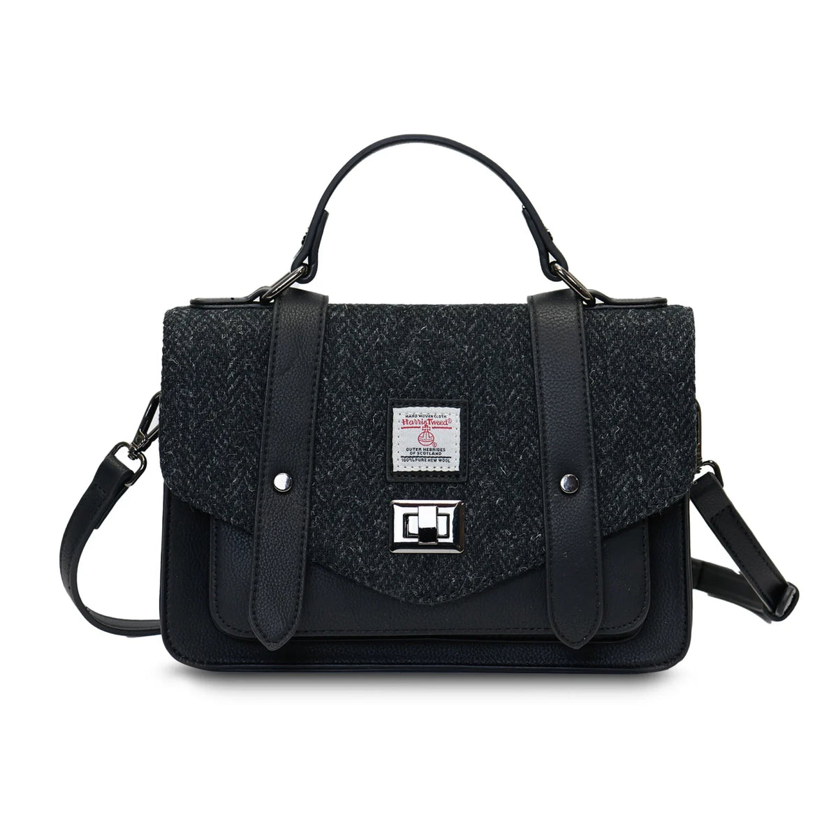 Islander Medium Satchel Bag with Harris Tweed (Black Herringbone)