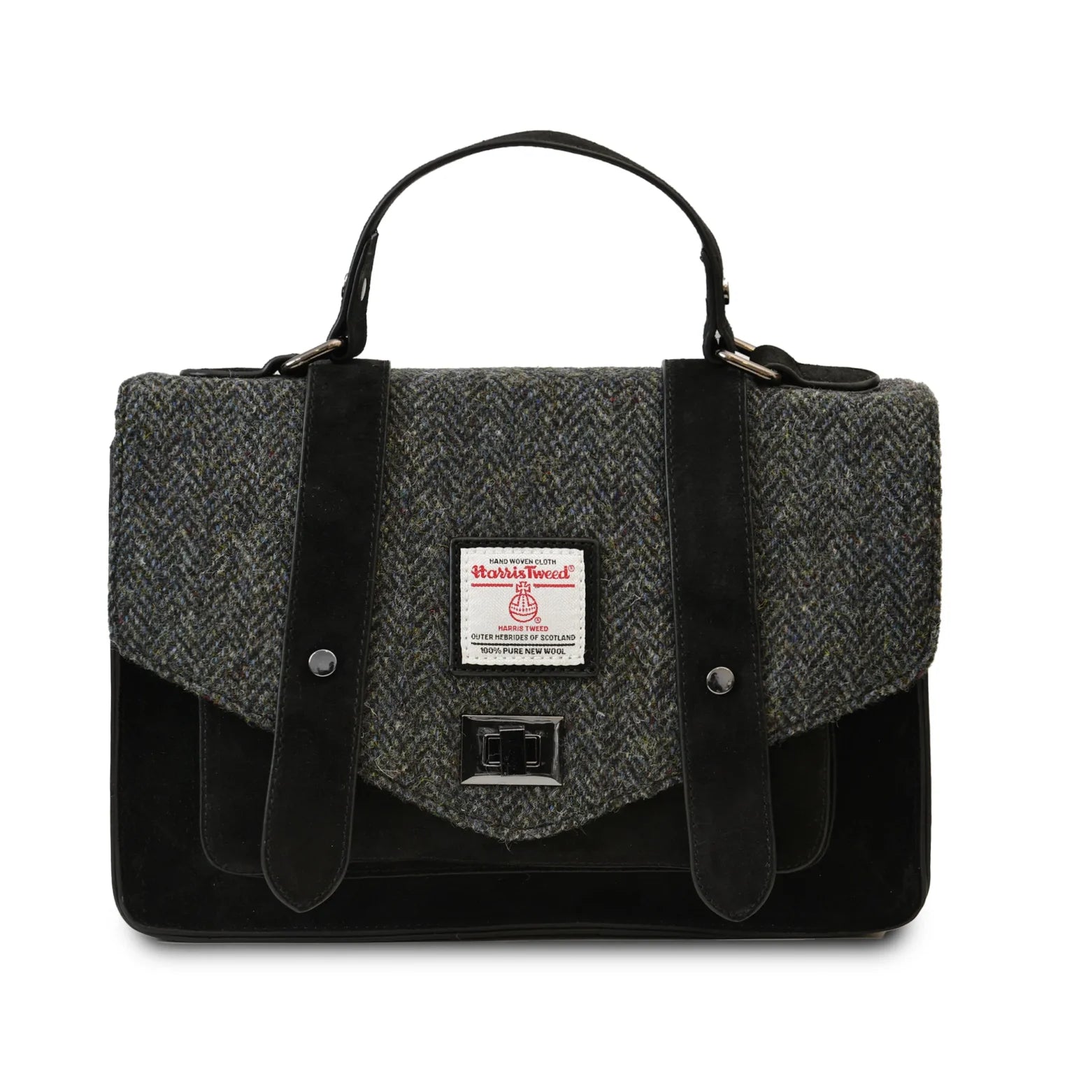 Islander Large Satchel with Harris Tweed - Black and Grey Suede