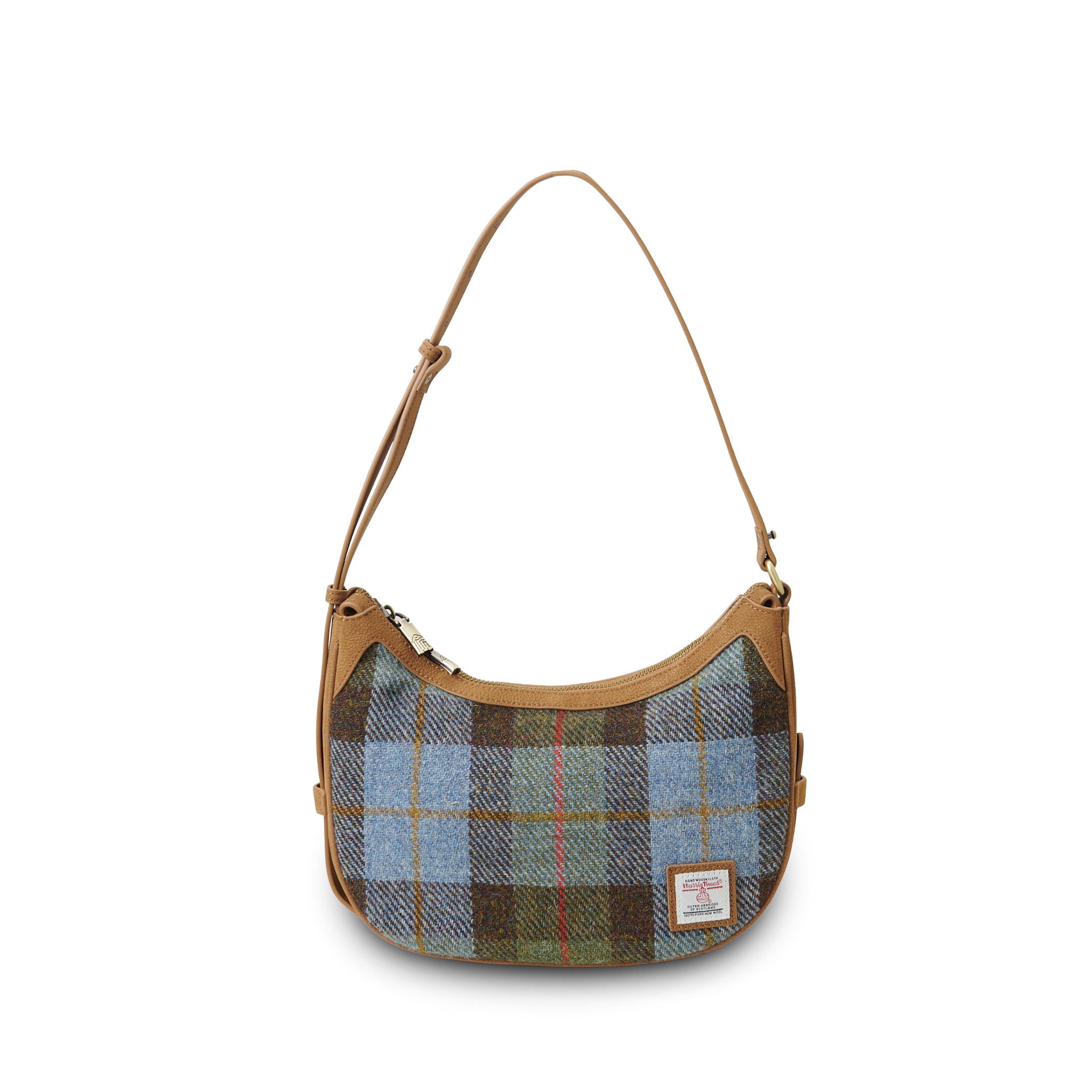 Islander Ellon Genuine Leather with Harris Tweed Shoulder Bag in Chestnut Blue Tartan