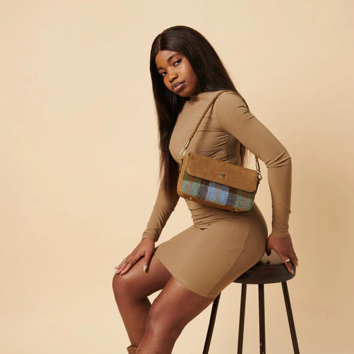 Islander Leather Caithness Clutch Bag Harris Tweed Chestnut-Blue Tartan