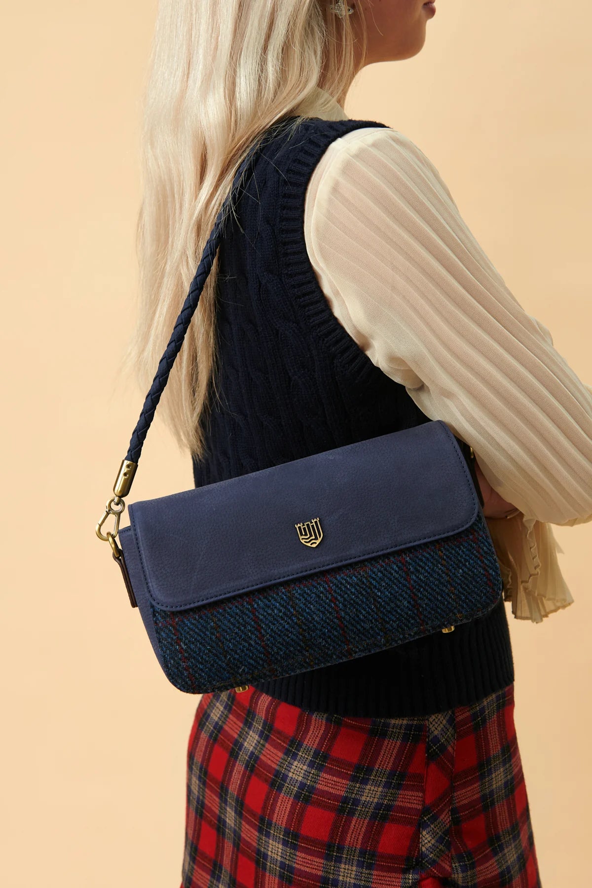 Islander Leather Caithness Clutch Bag Harris Tweed Navy Over Check