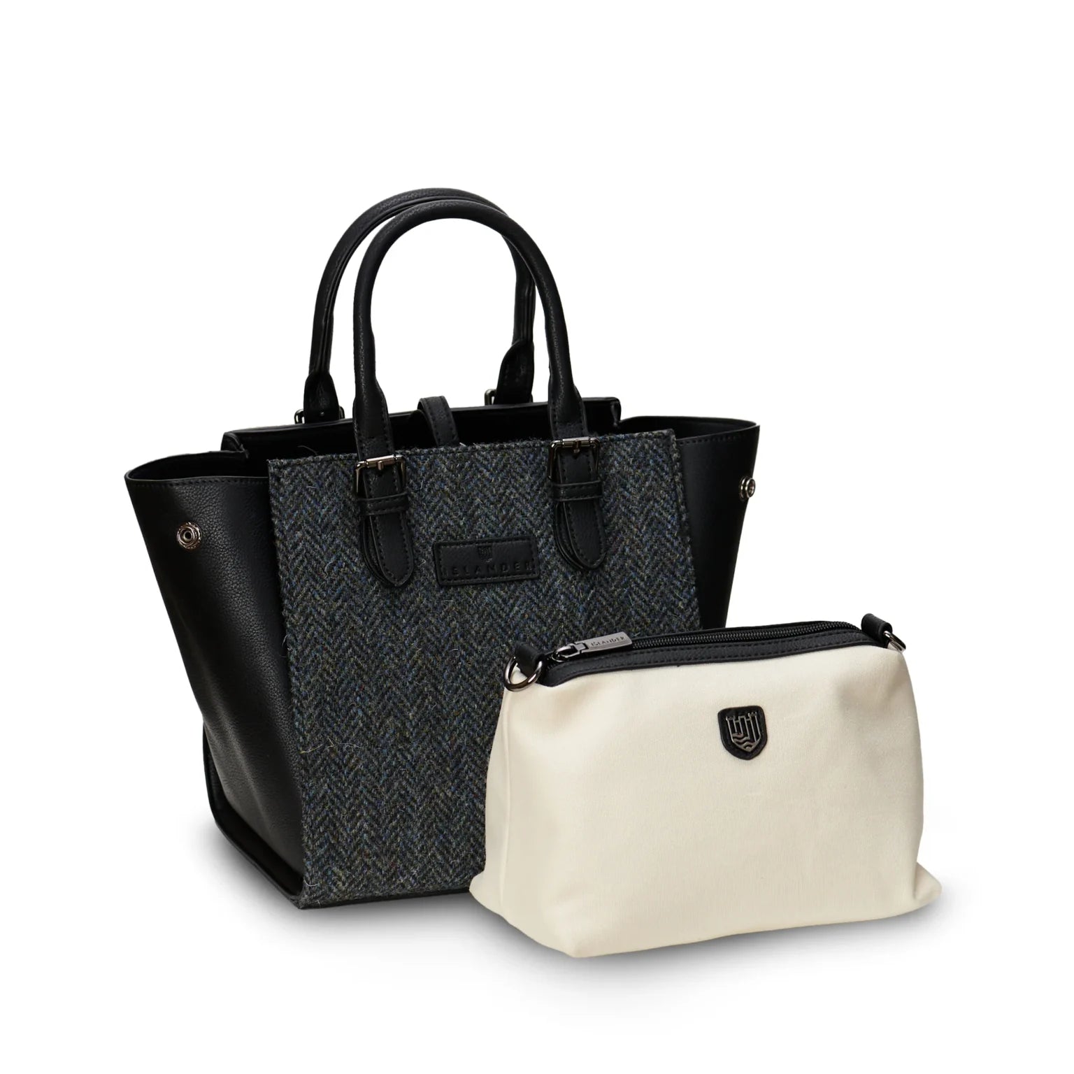 Islander Medium Caillie Tote with Harris Tweed - Black and Grey Herringbone
