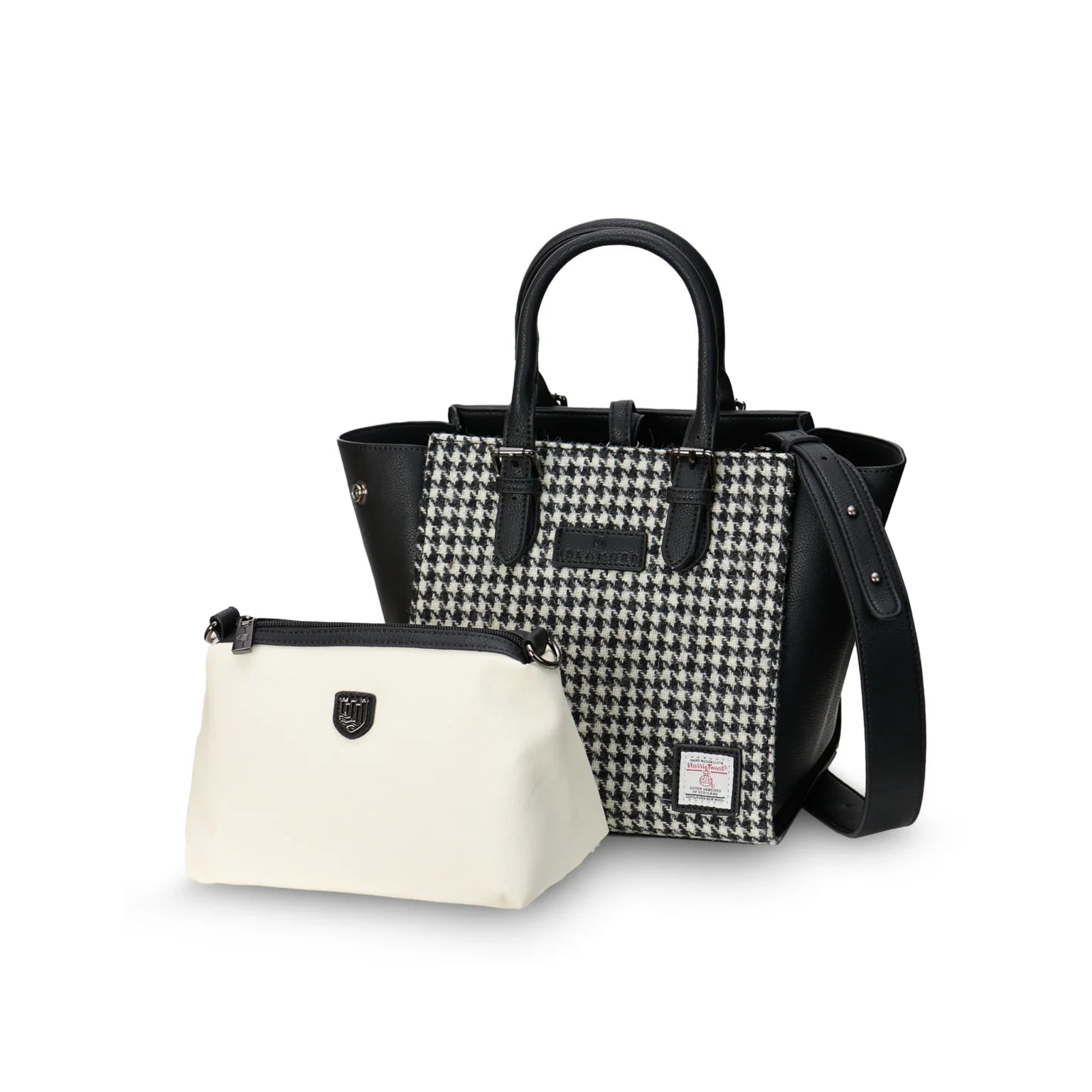 Islander Medium Caillie Tote with Harris Tweed - Black and White Herringbone