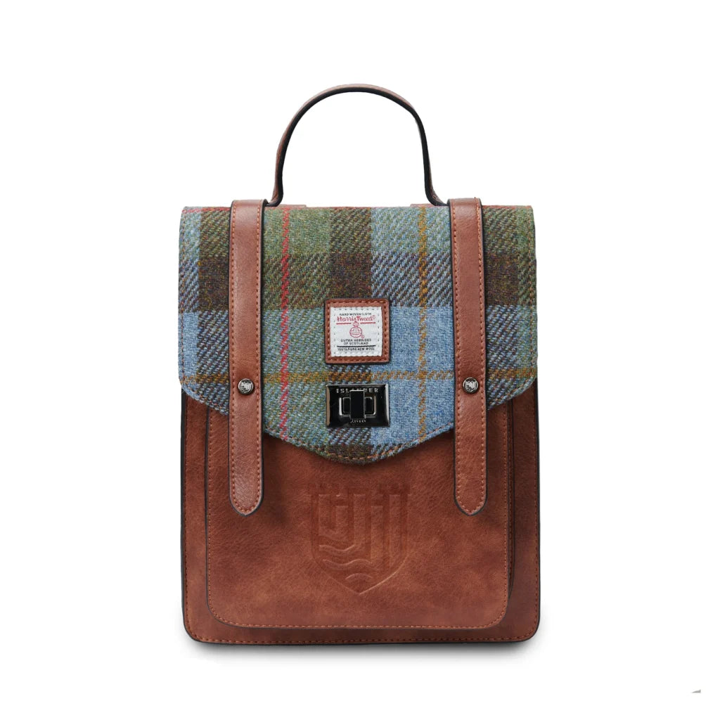 Islander Mini Carloway Backpack With Harris Tweed - Chestnut-Blue Tartan