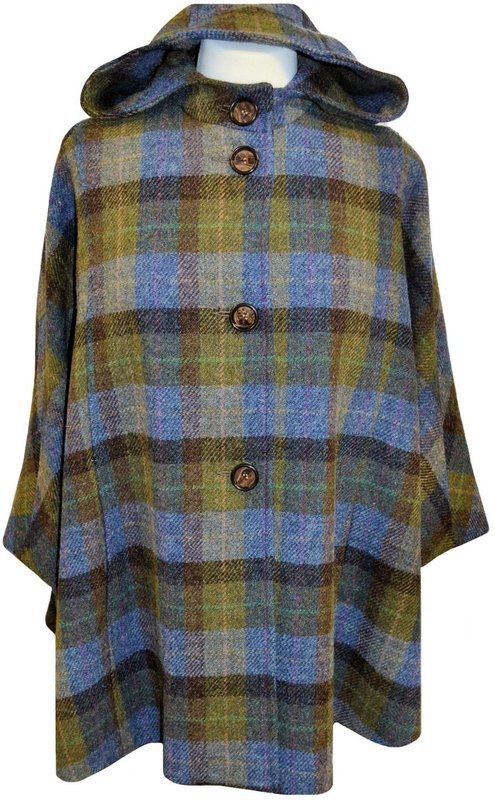 Harris Tweed Ladies Hooded Poncho Cape Denim Sage Green, Blue & Brown - One Size