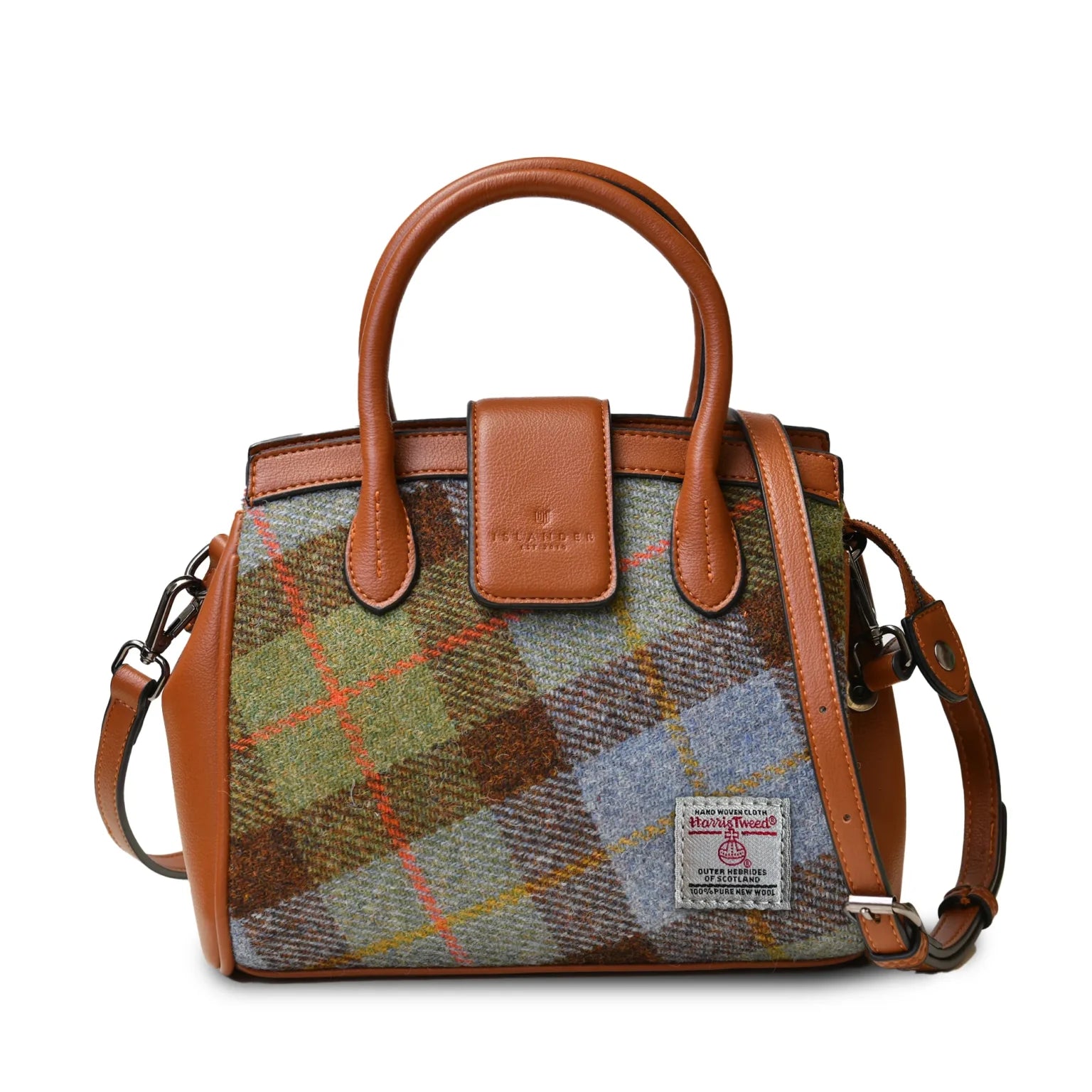 Islander Mini Tiree Tote with Harris Tweed - Chestnut-Blue Tartan