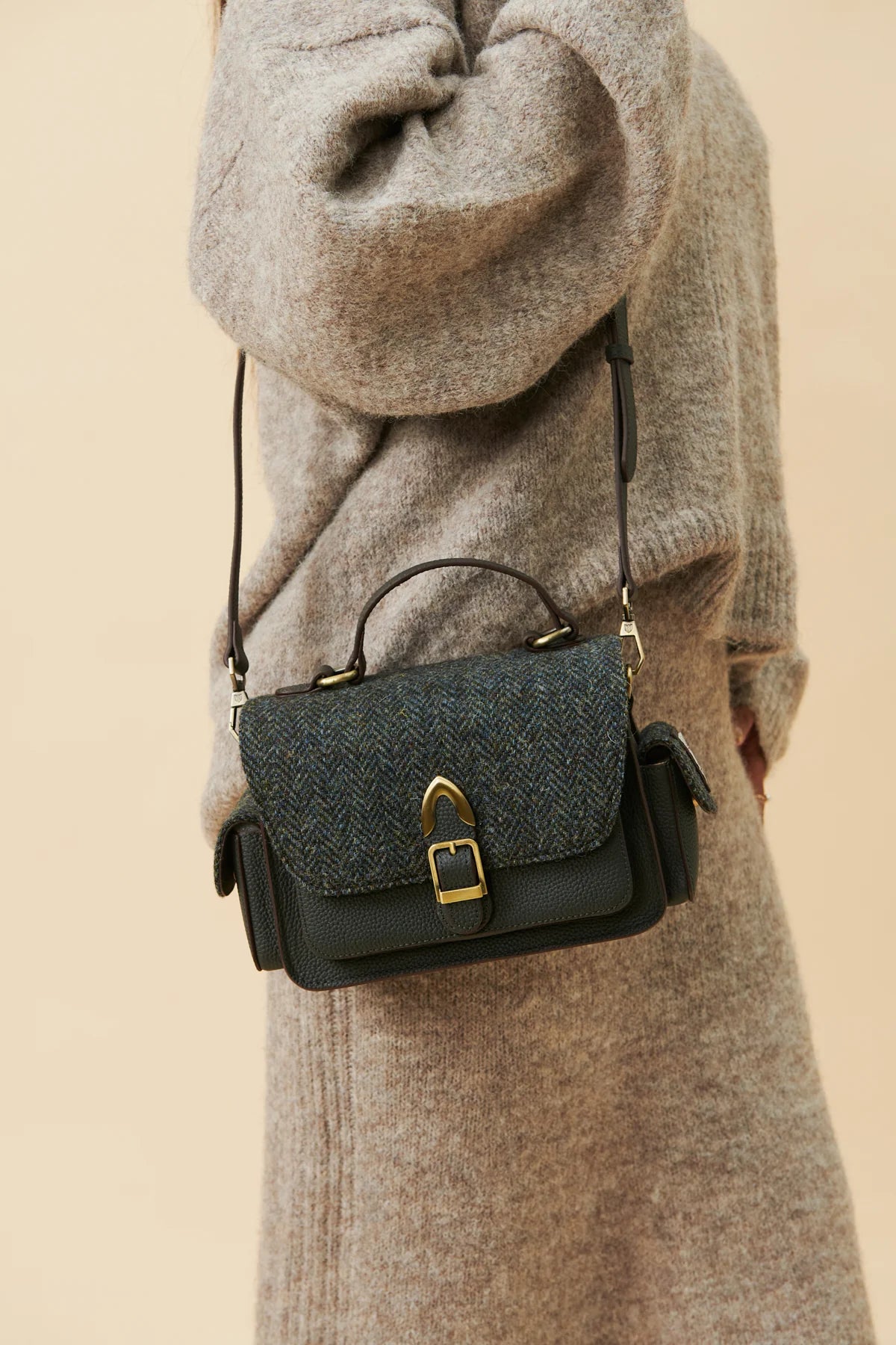Islander Melrose Black Leather Crossbody Bag with Harris Tweed Black & Grey Herringbone Fabric