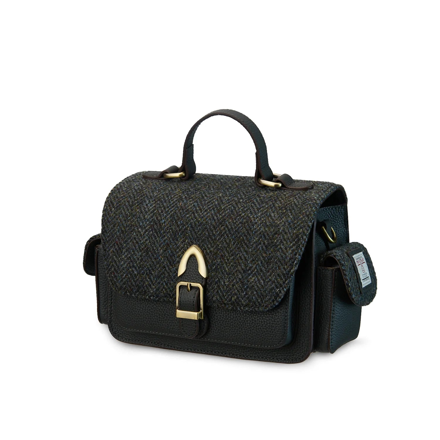 Islander Melrose Black Leather Crossbody Bag with Harris Tweed Black & Grey Herringbone Fabric