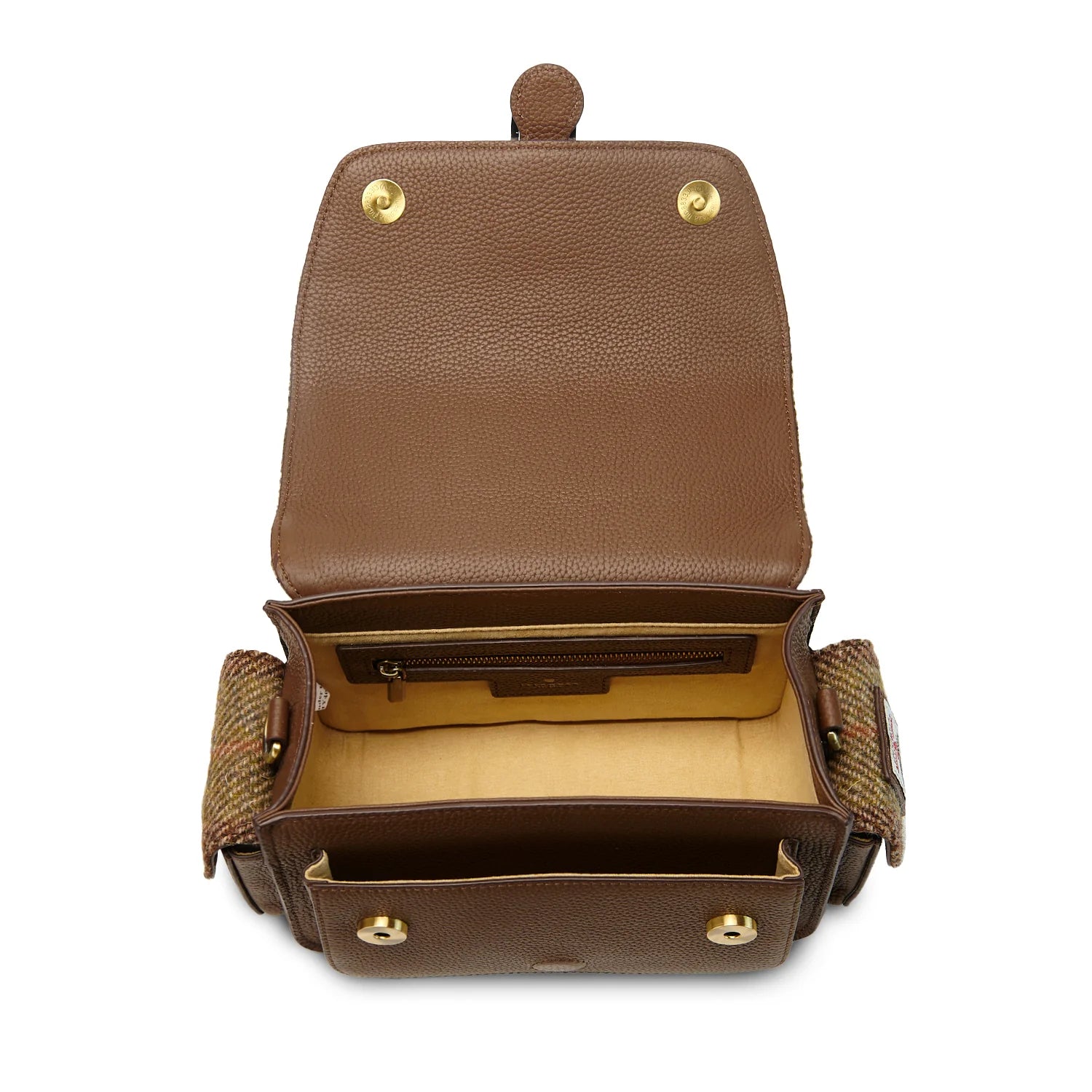 Islander Melrose Brown Leather Crossbody Bag with Harris Tweed Brown & Green Chestnut Tartan