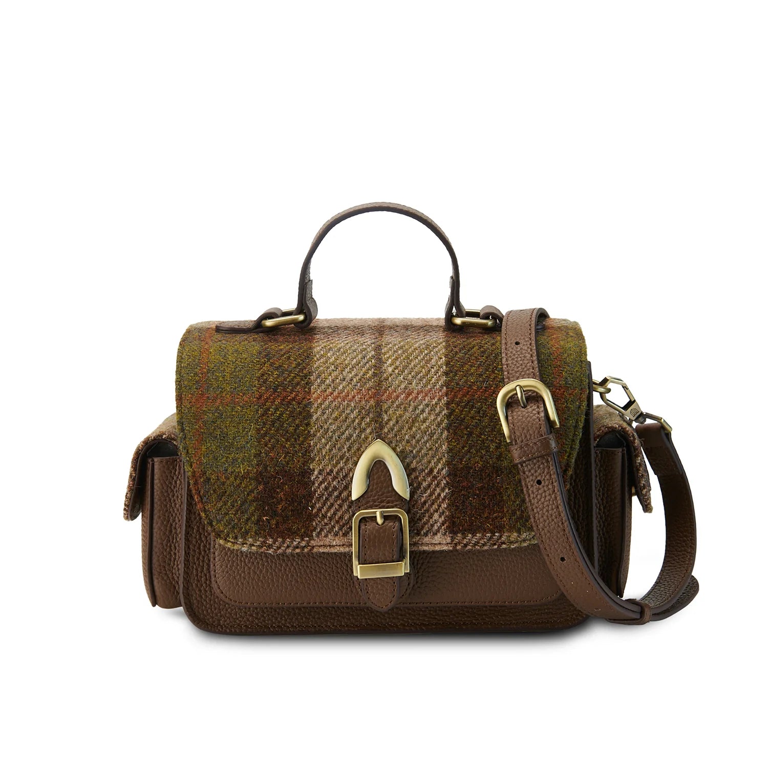 Islander Melrose Brown Leather Crossbody Bag with Harris Tweed Brown & Green Chestnut Tartan