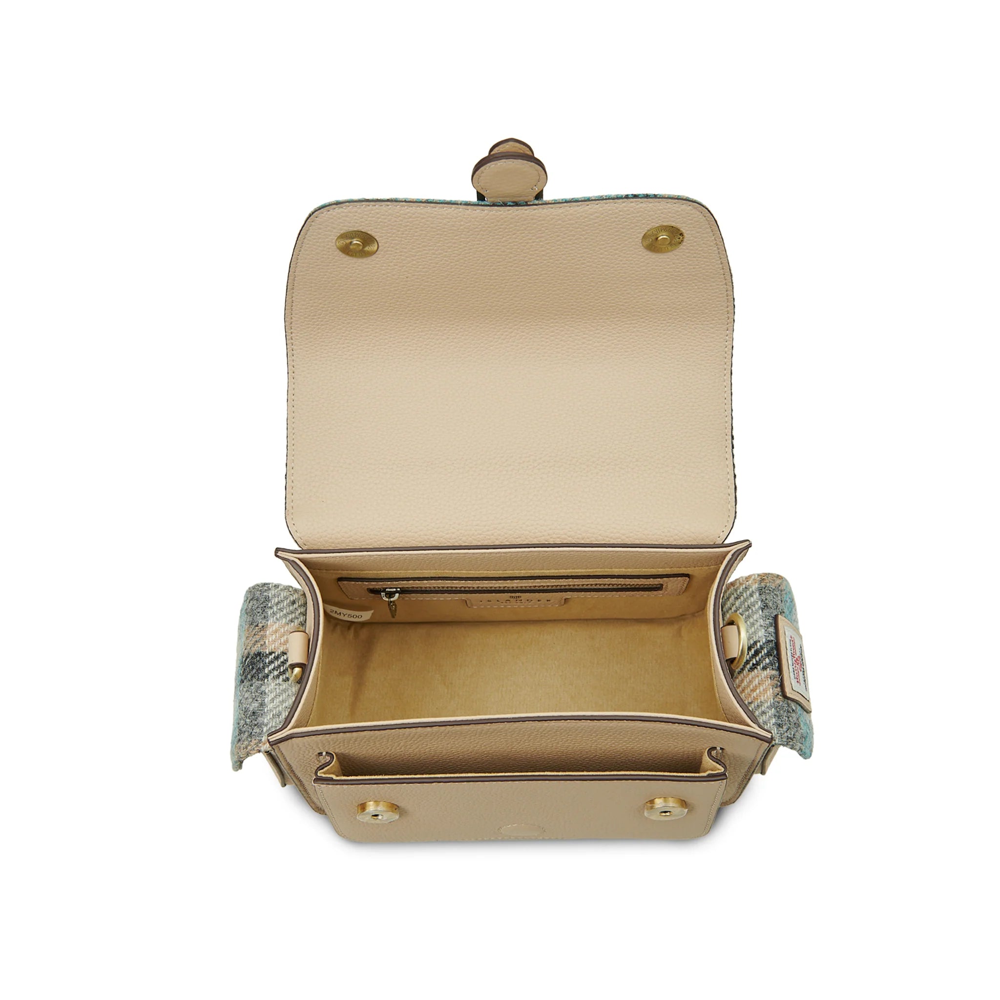 Islander Melrose Cream Leather Crossbody Bag with Harris Tweed Scotland Islander Check
