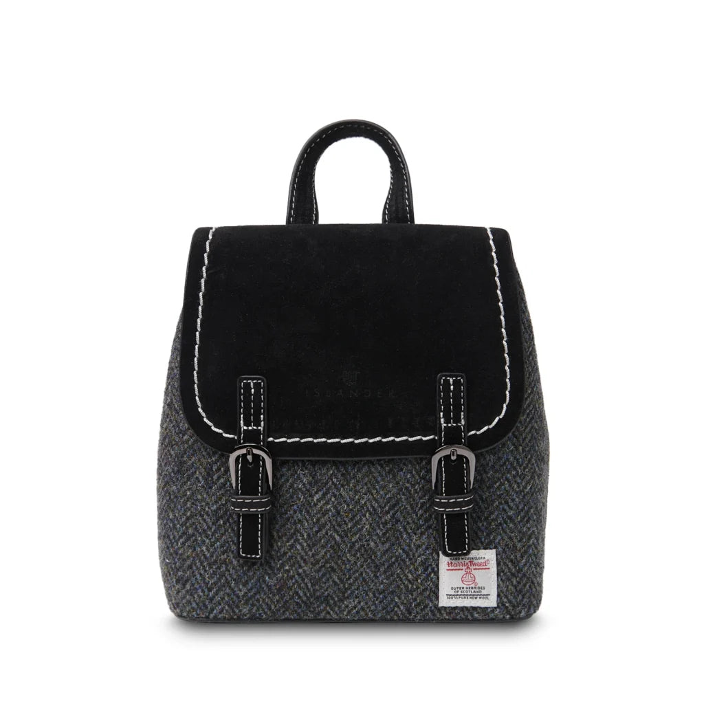 Islander Mini Jura Backpack with Harris Tweed - Black and Grey Suede