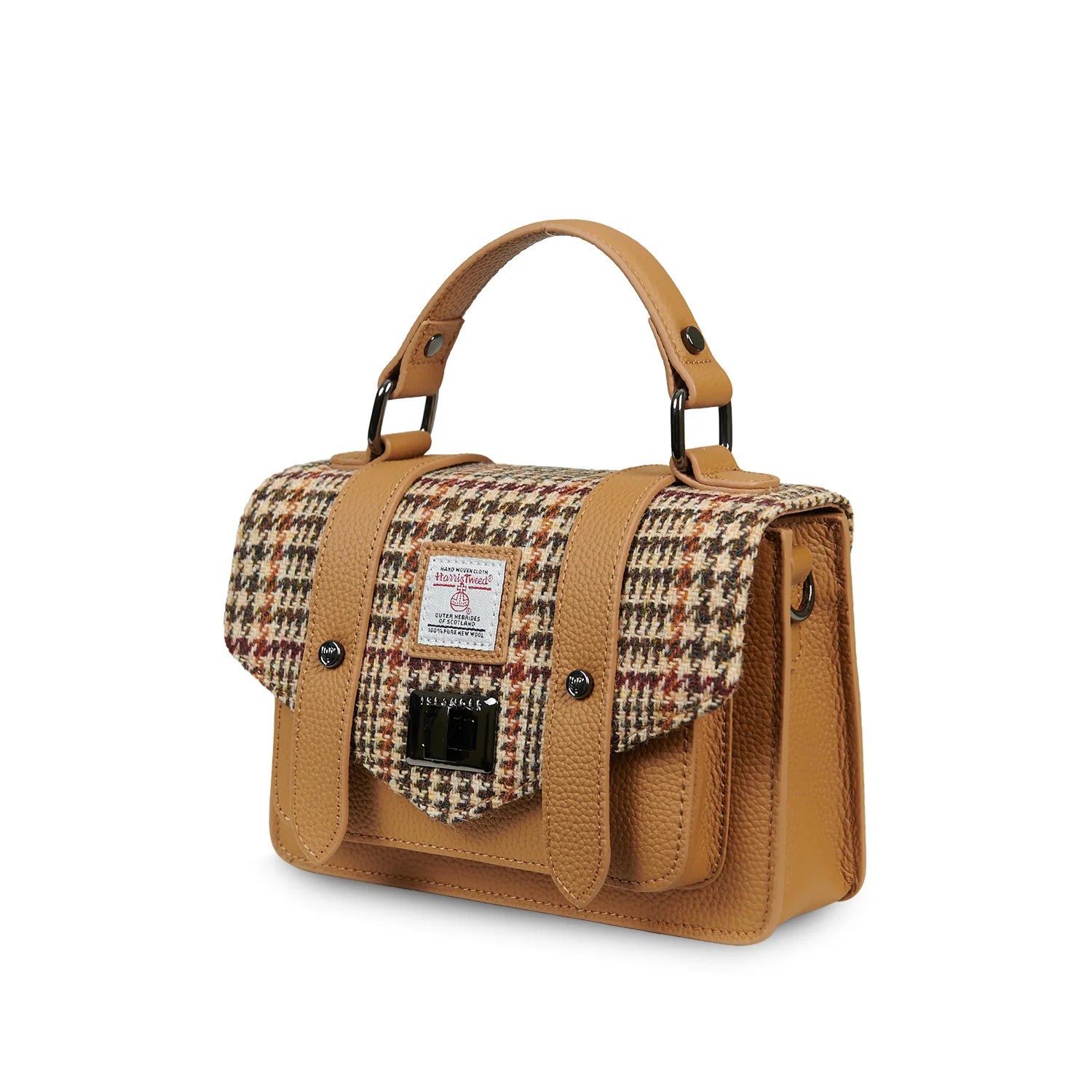 Islander Mini Leather Satchel Bag with Harris Tweed Beige Dogtooth