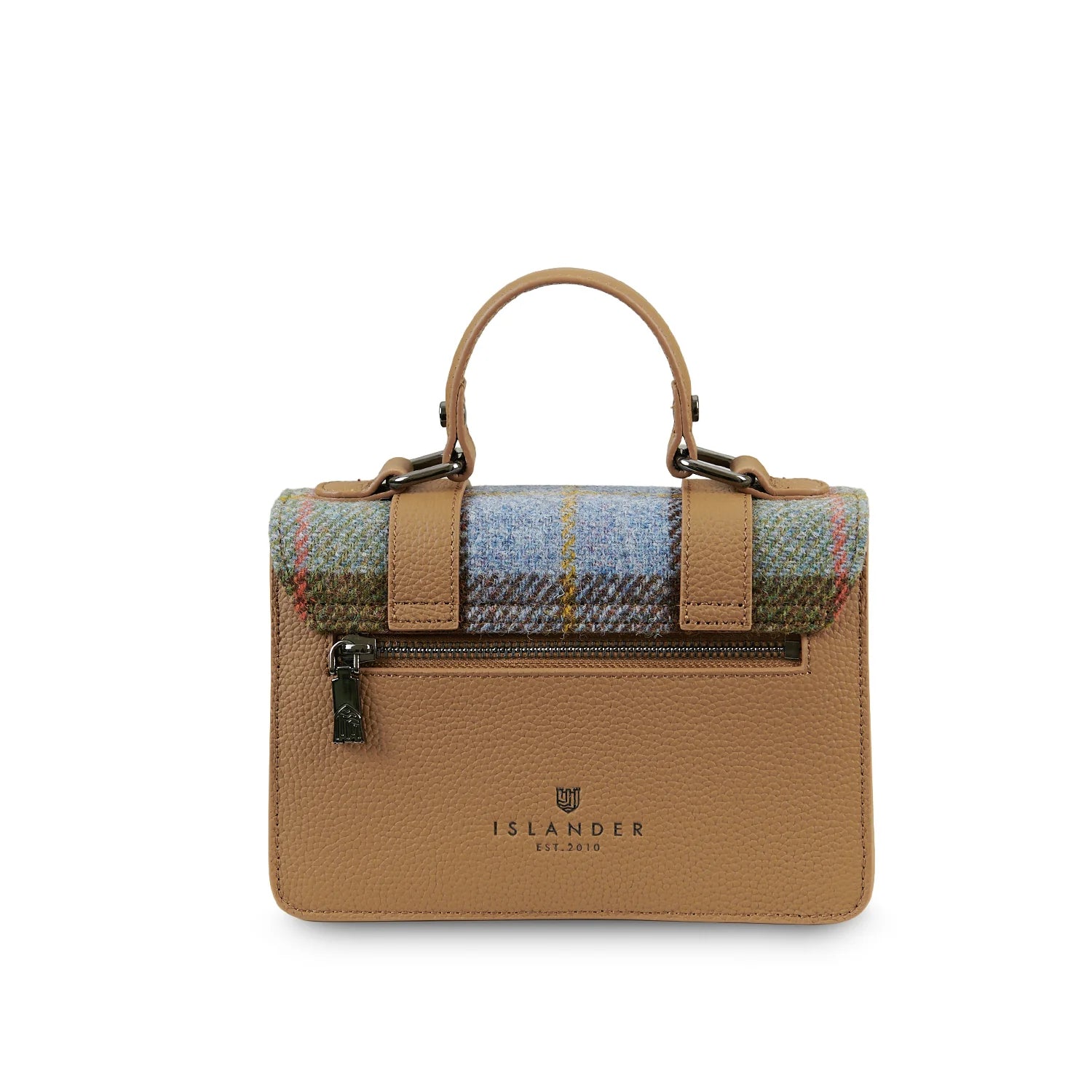 Islander Mini Leather Satchel Bag with Harris Tweed (Chestnut Blue-Tartan)