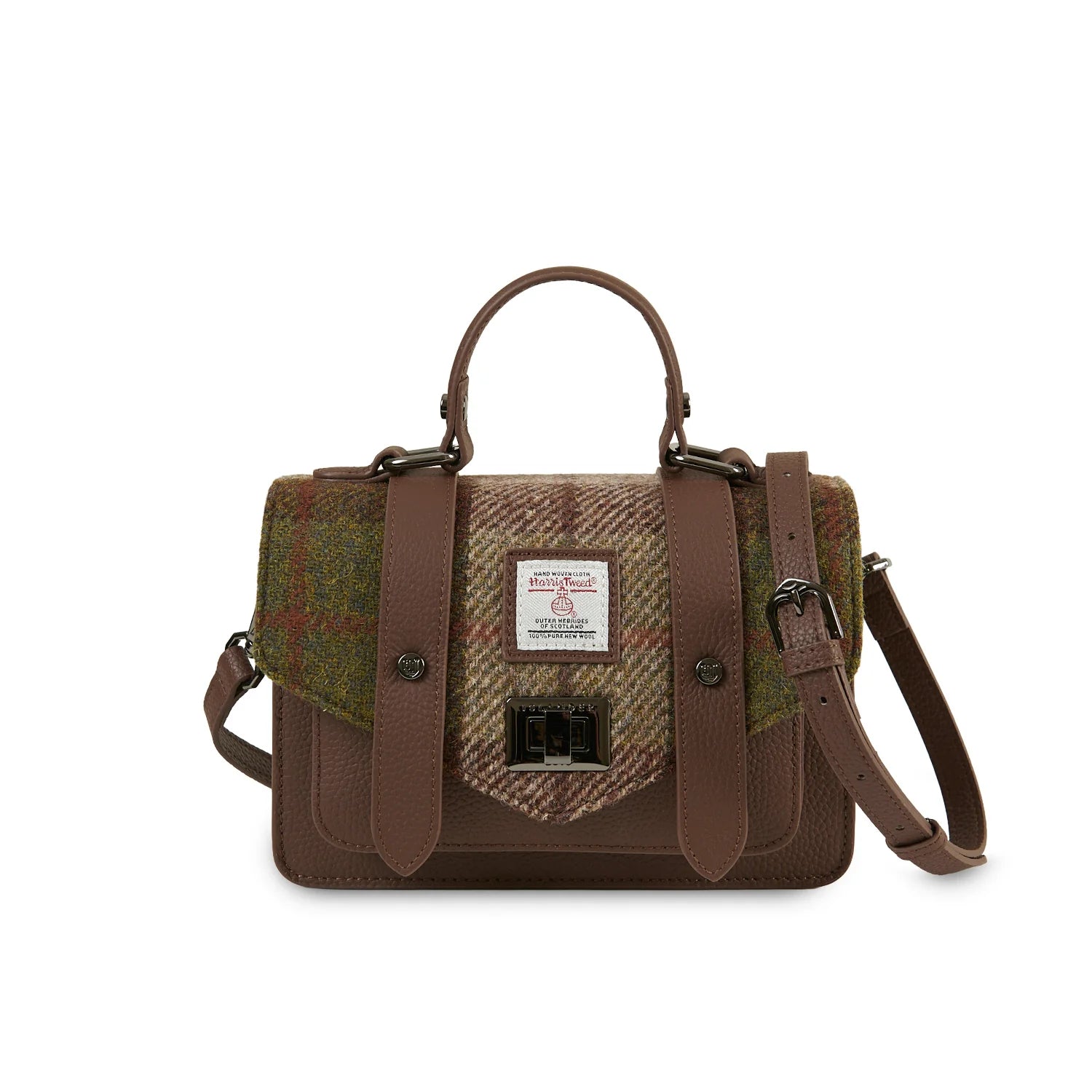 Islander Mini Leather Satchel Bag with Harris Tweed (Chestnut Tartan)