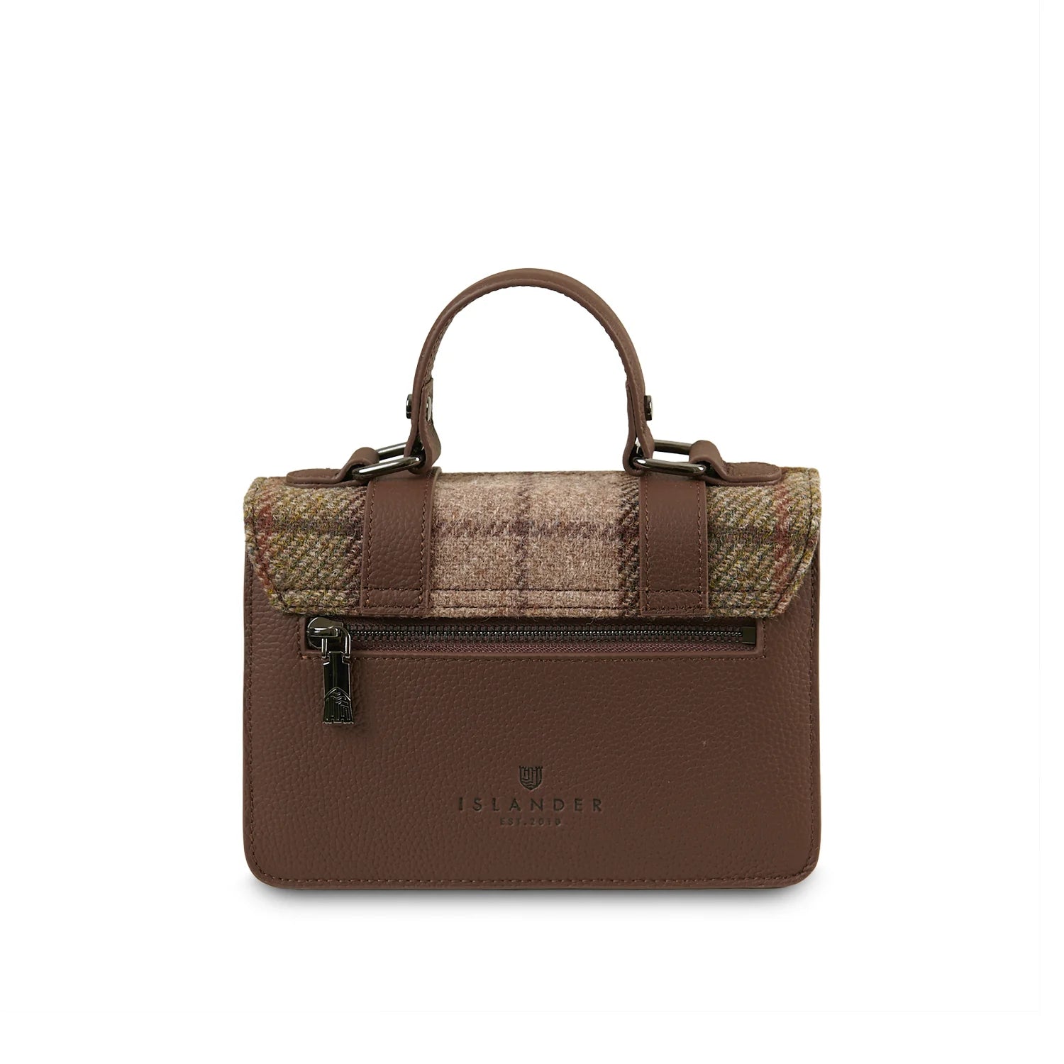 Islander Mini Leather Satchel Bag with Harris Tweed (Chestnut Tartan)