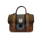 Islander Medium Leather Satchel Bag with Harris Tweed (Chestnut Blue Tartan)