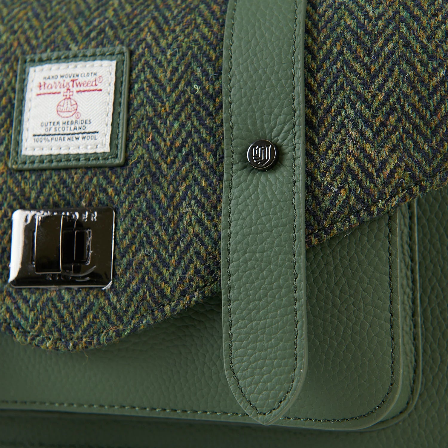 Islander Medium Leather Satchel Bag with Harris Tweed Dark Green Herringbone