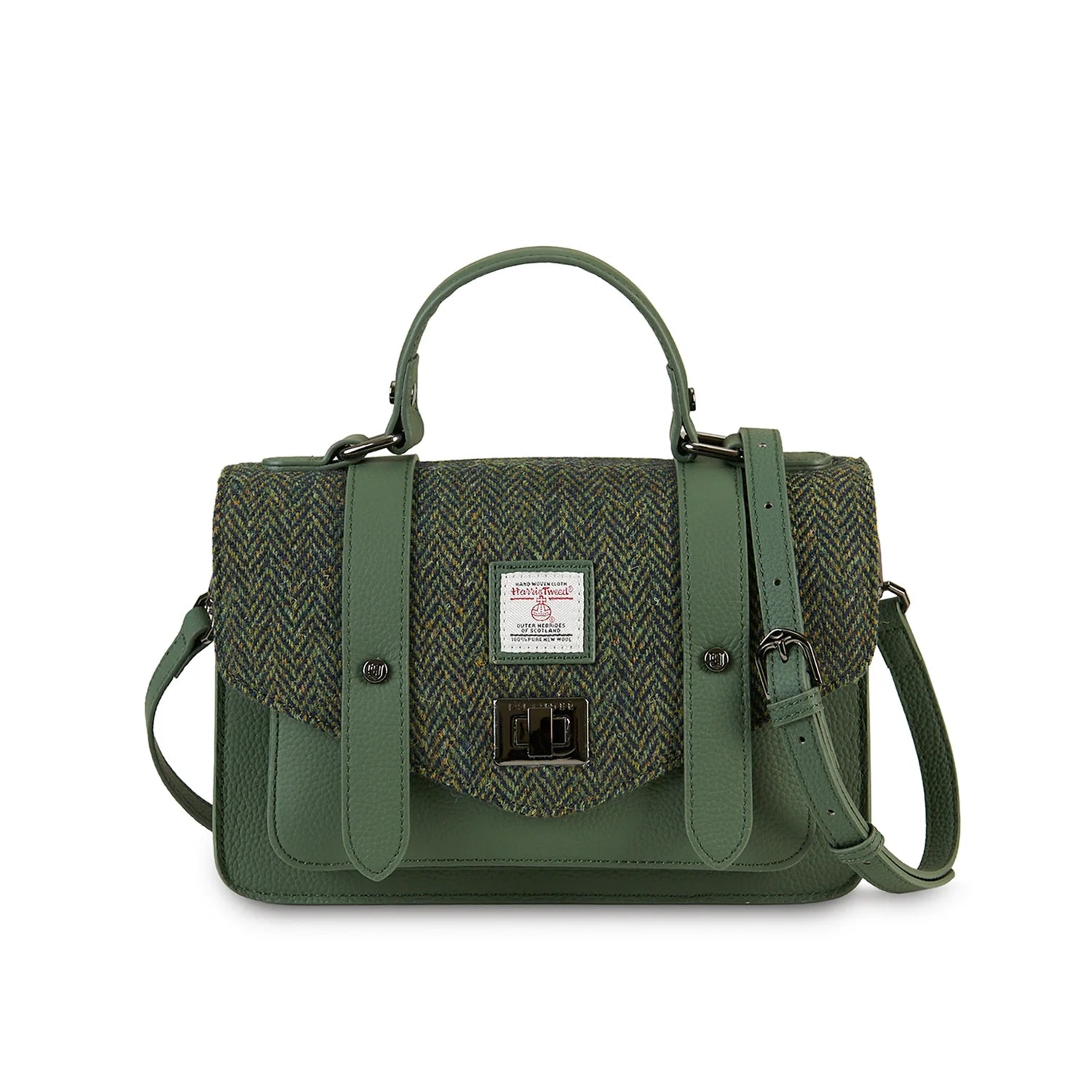 Islander Mini Leather Satchel Bag with Harris Tweed Dark Green Herringbone