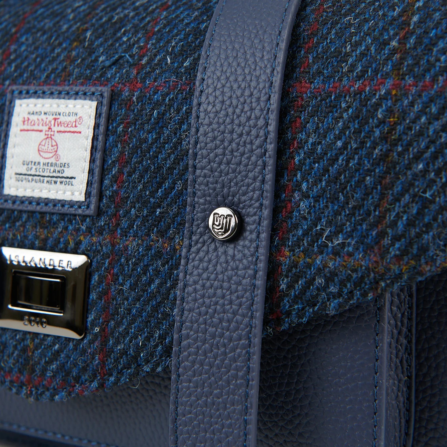 Islander Medium Blue Leather Satchel Bag with Harris Tweed Navy Over Check Fabric