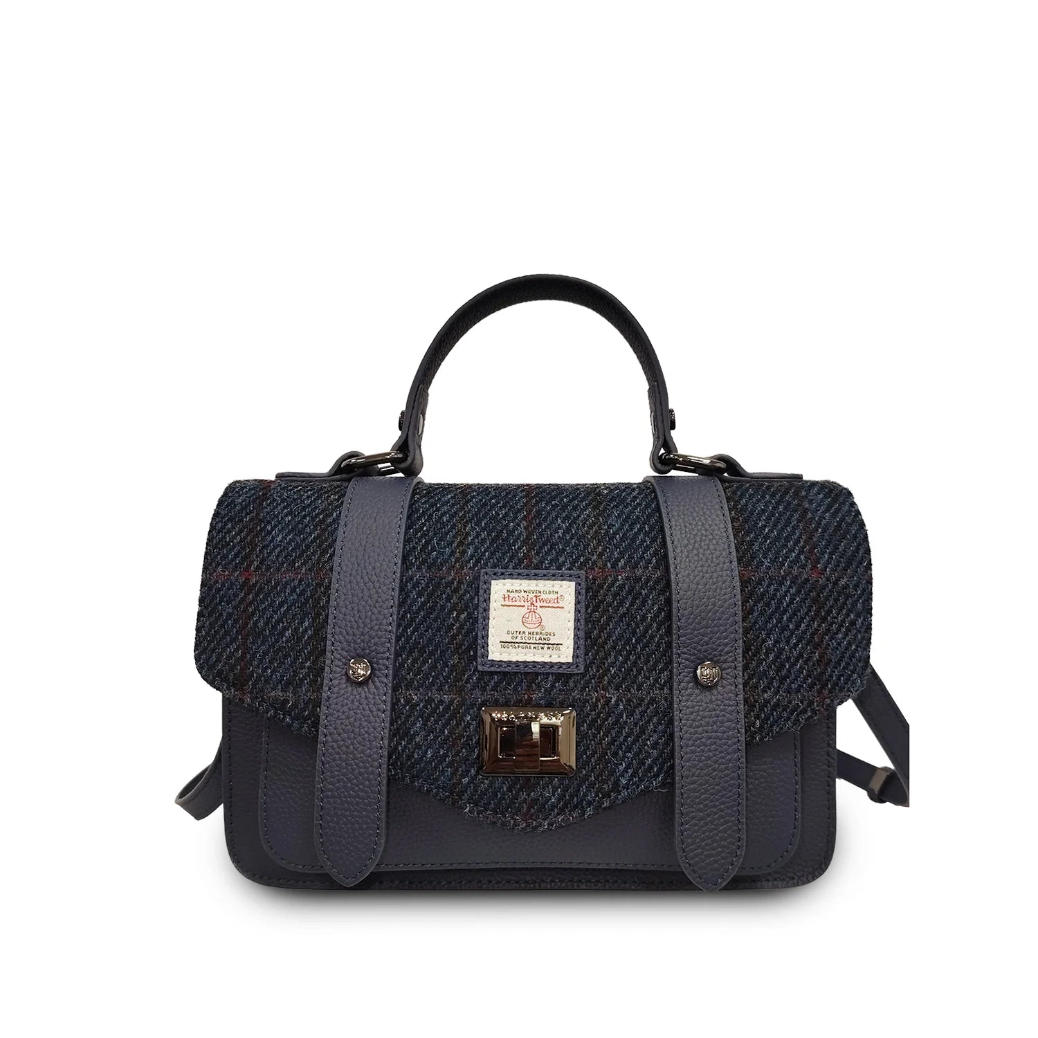 Islander Medium Leather Satchel Bag with Harris Tweed (Navy Over-Check)