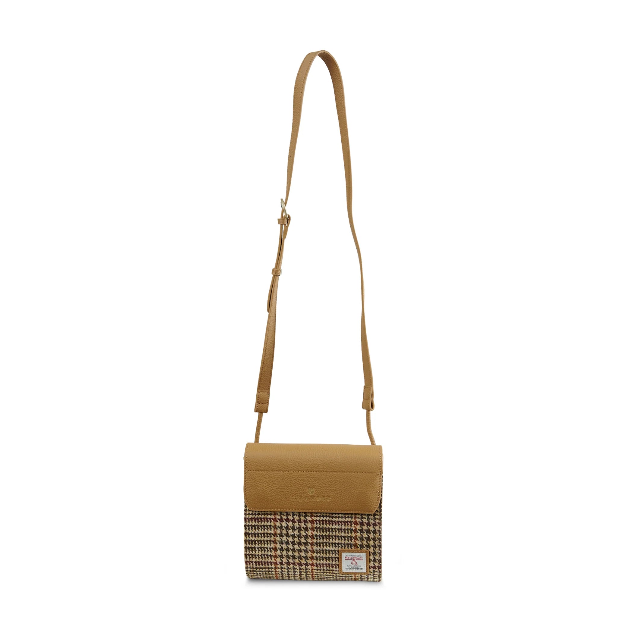 Islander The Eilidh Leather Crossbody Bag with Beige Dogtooth Harris Tweed