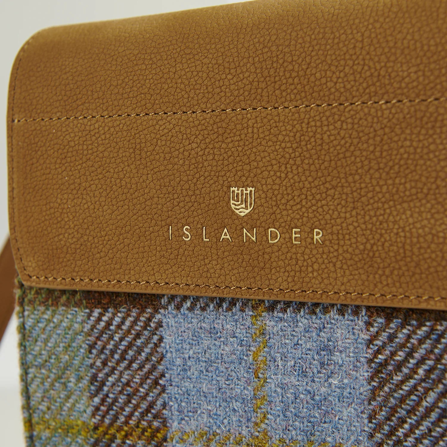 Islander The Eilidh Leather Crossbody Bag with Chestnut Blue Tartan Harris Tweed