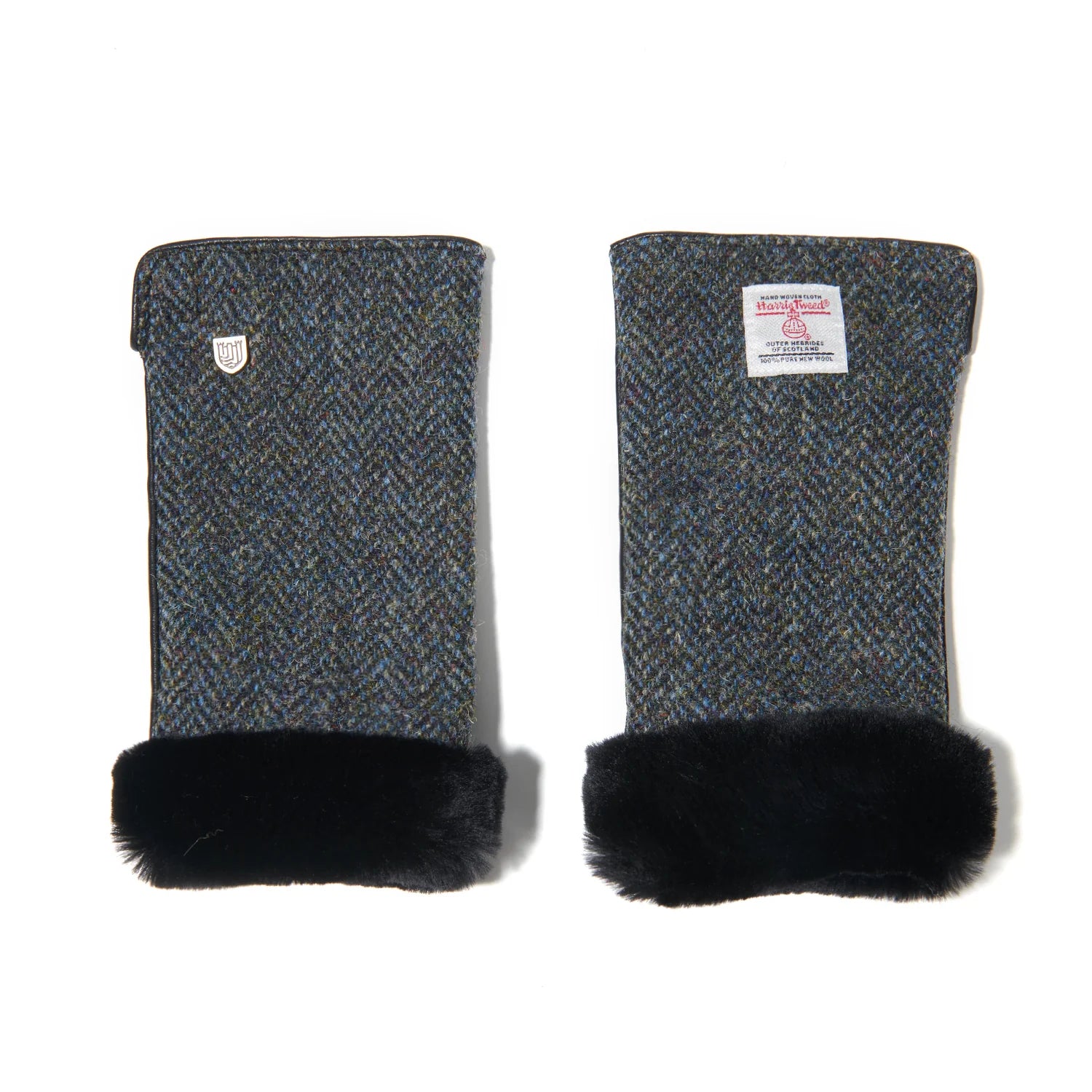 Islander Black and Grey Ladies Mittens with Harris Tweed Fabric