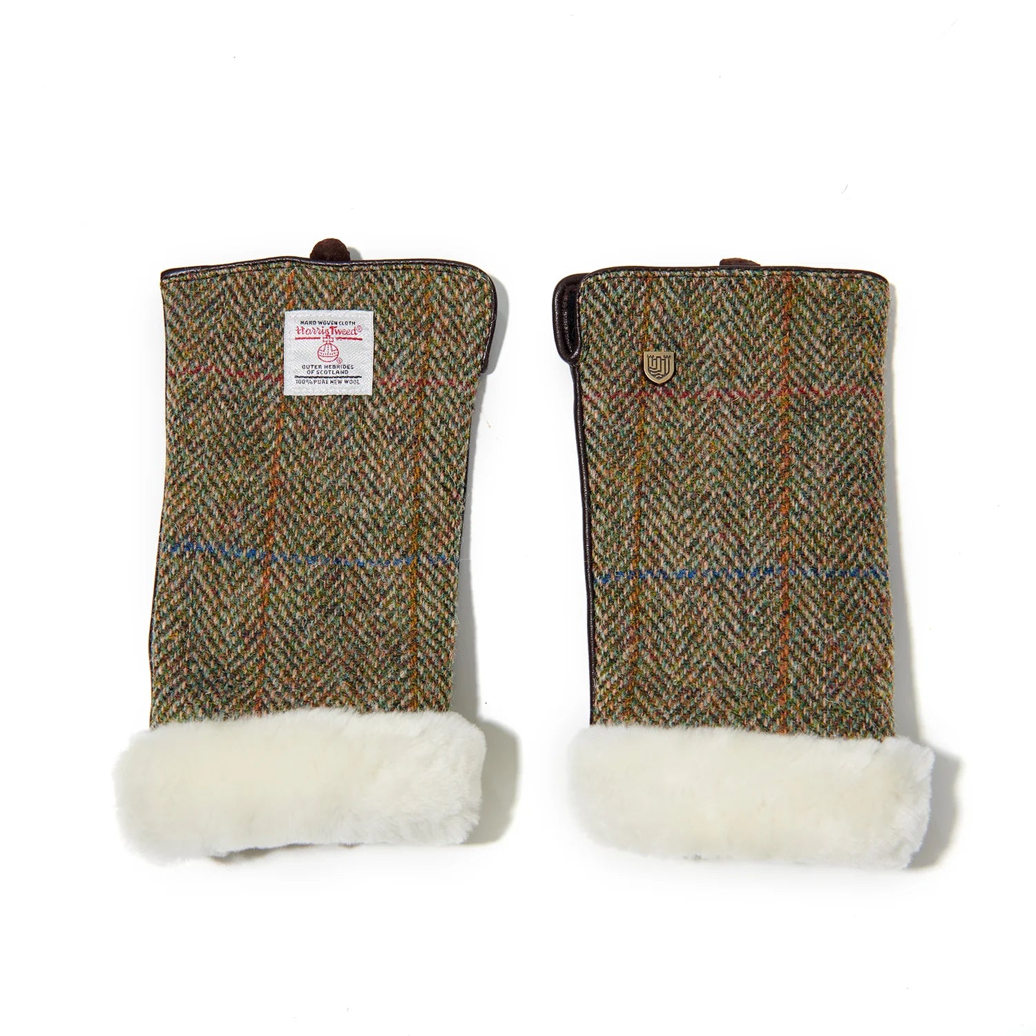 Islander Black and Chestnut Herringbone Ladies Mittens with Harris Tweed Fabric
